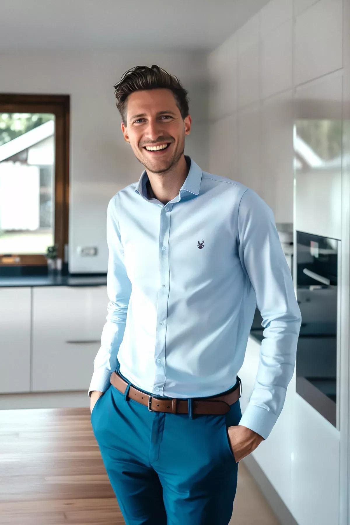 Blue Slim Fit Embroidered Shirt, LIGHT BLUE, medium