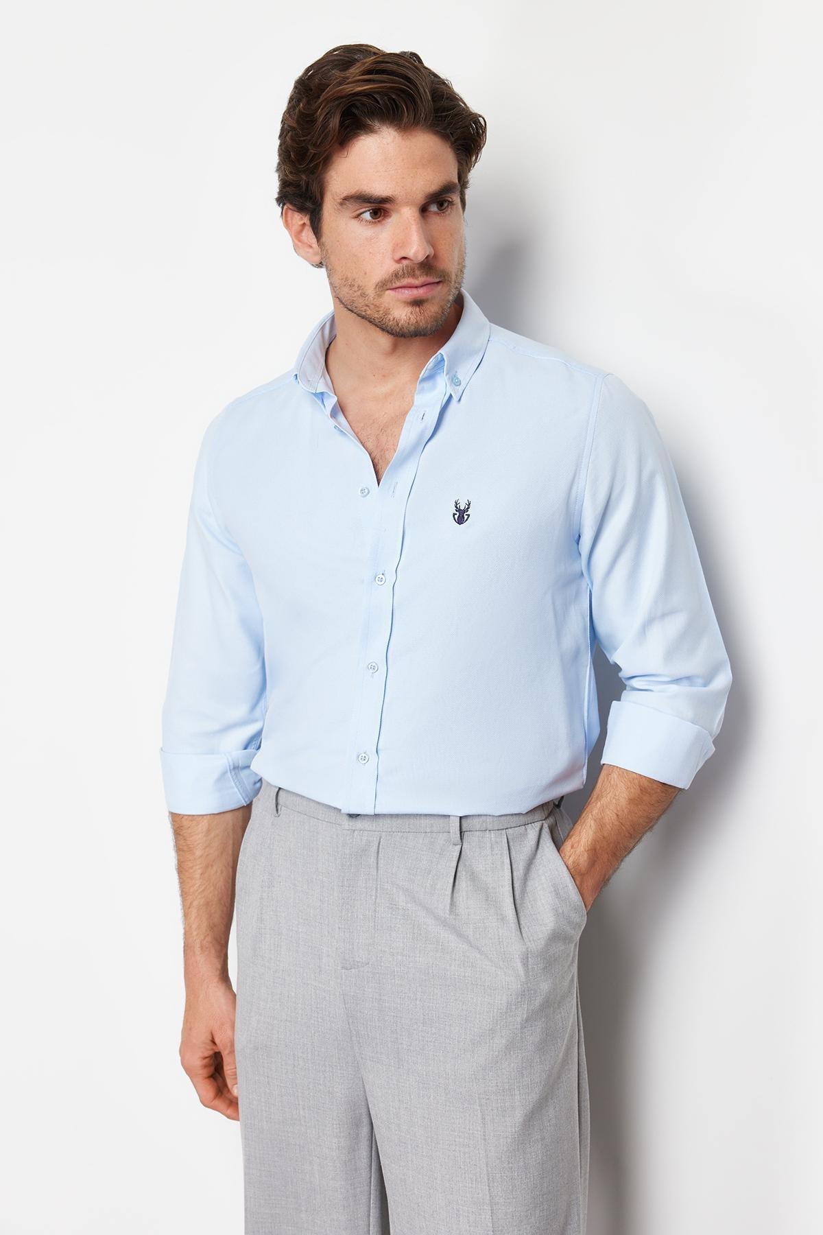 Blue Slim Fit Embroidered Shirt, , large image number 1