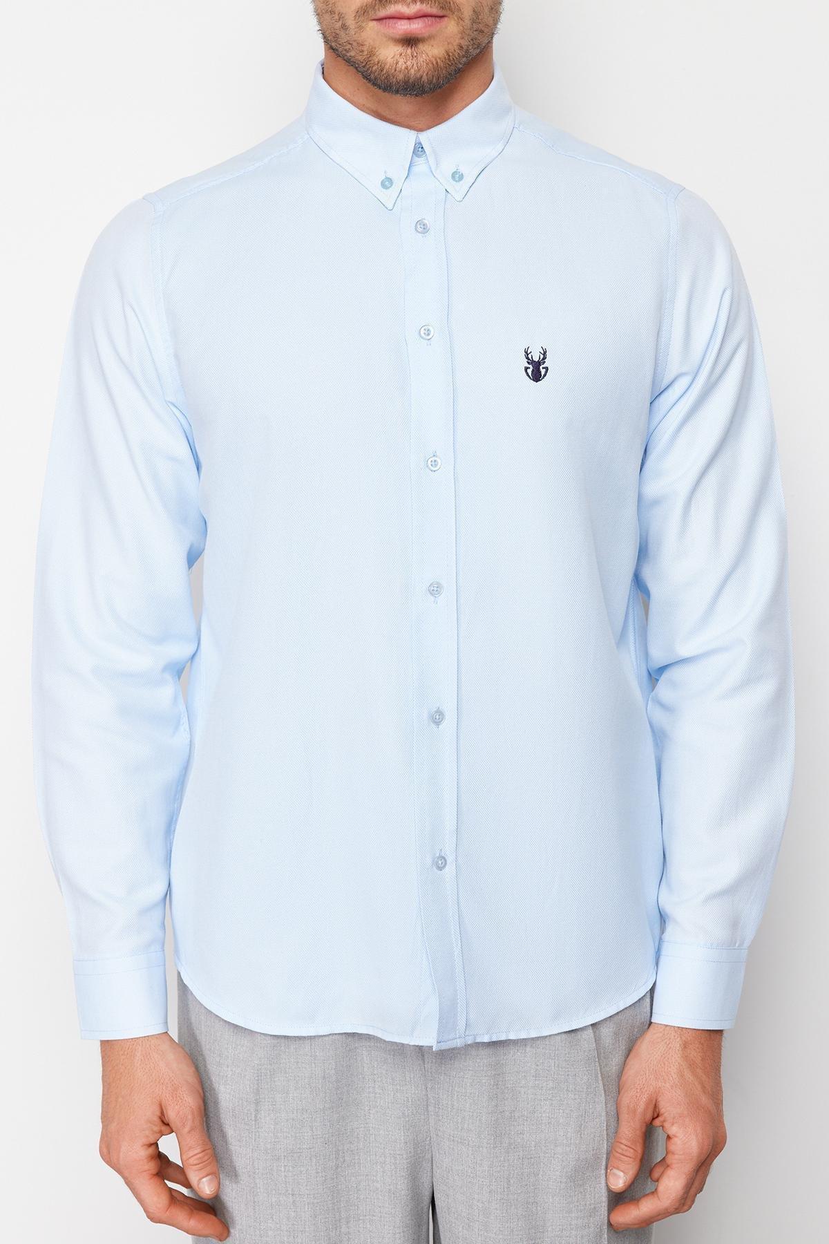 Blue Slim Fit Embroidered Shirt, , large image number 2