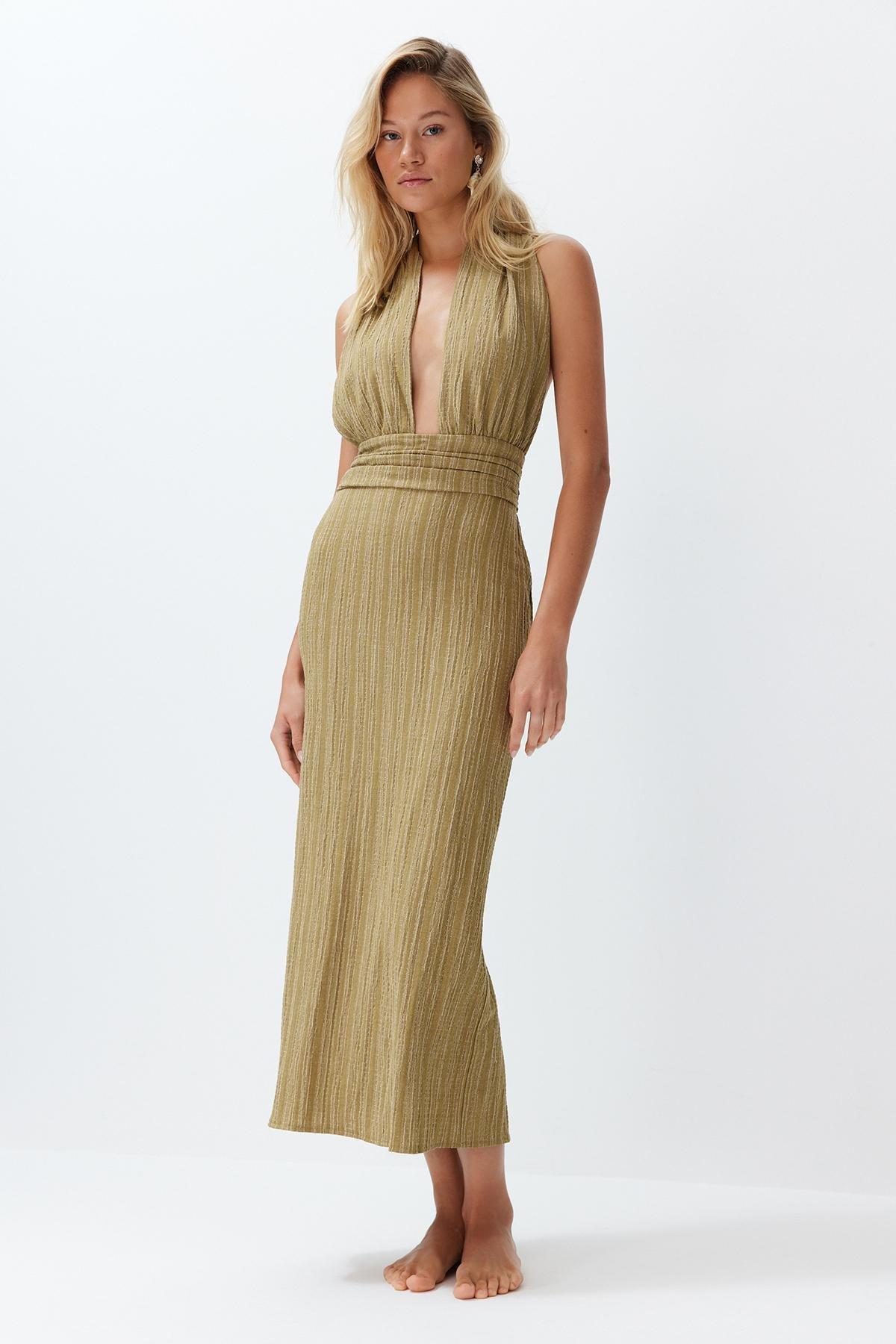 Khaki Maxi Woven Decollete Linen Blend Beach Dress TBESS24EL00096, , large image number 1