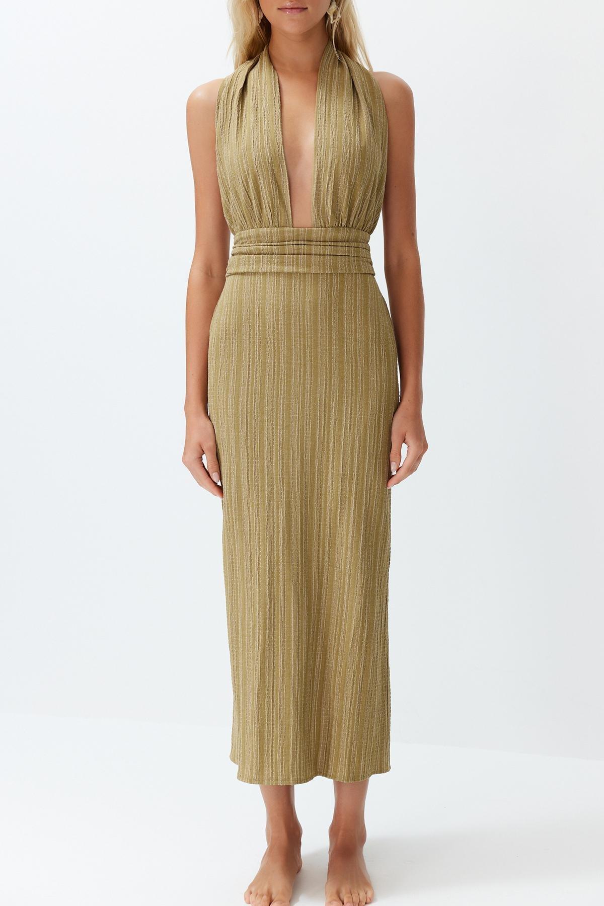 Khaki Maxi Woven Decollete Linen Blend Beach Dress TBESS24EL00096, , large image number 4