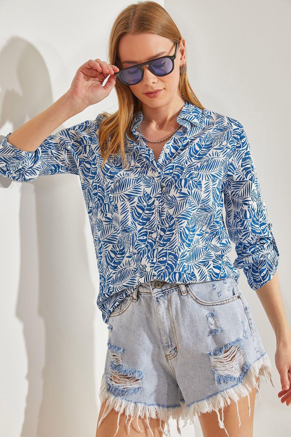 Blue Patterned Sleeve Folded Shirt, C101_5645, large image number 0