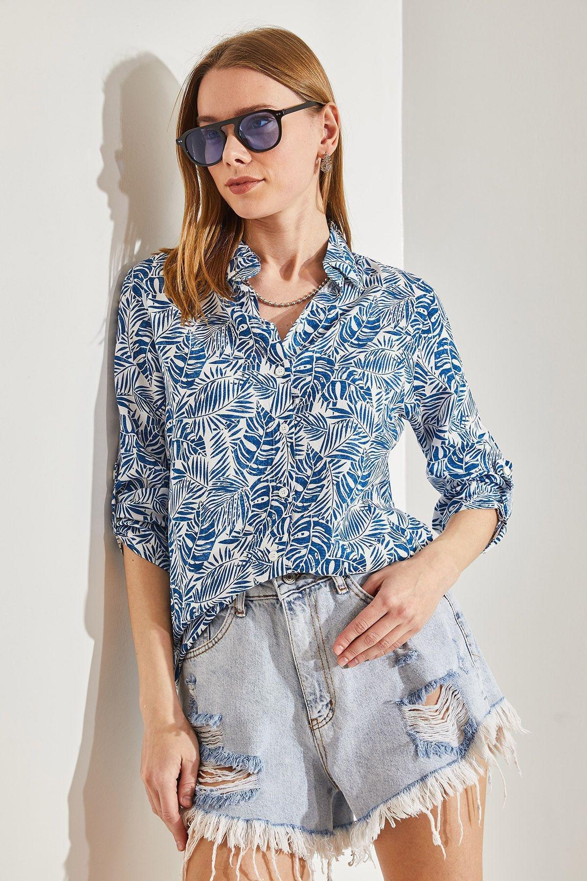 Blue Patterned Sleeve Folded Shirt, C101_5645, large image number 3