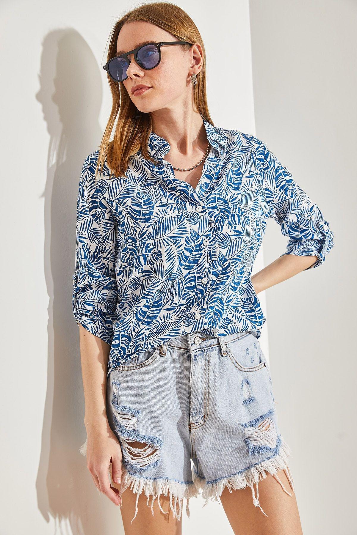 Blue Patterned Sleeve Folded Shirt, C101_5645, large image number 6