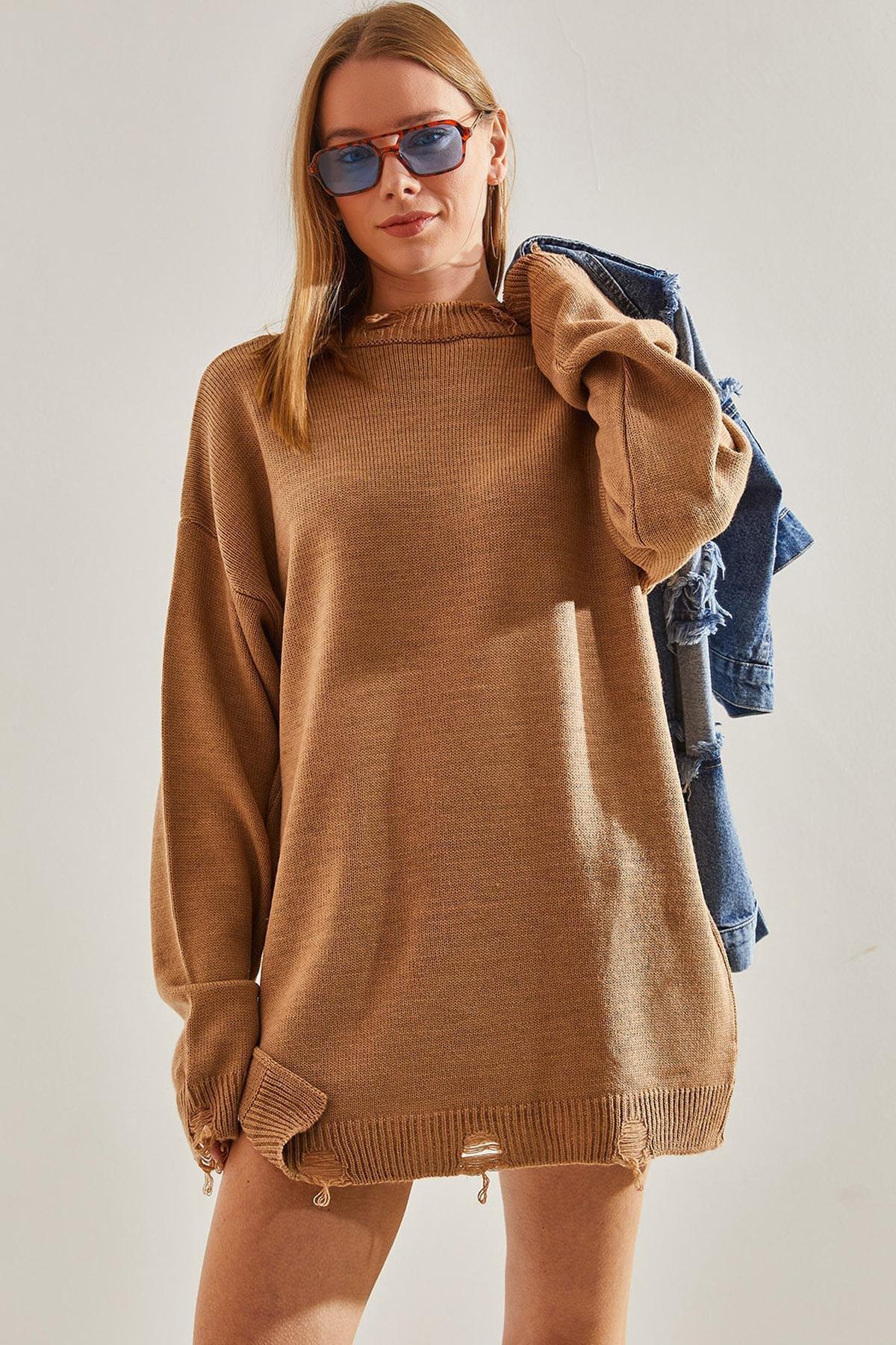 Brown Oversize Ripped Knitwear Sweater, CAMEL, large image number 0