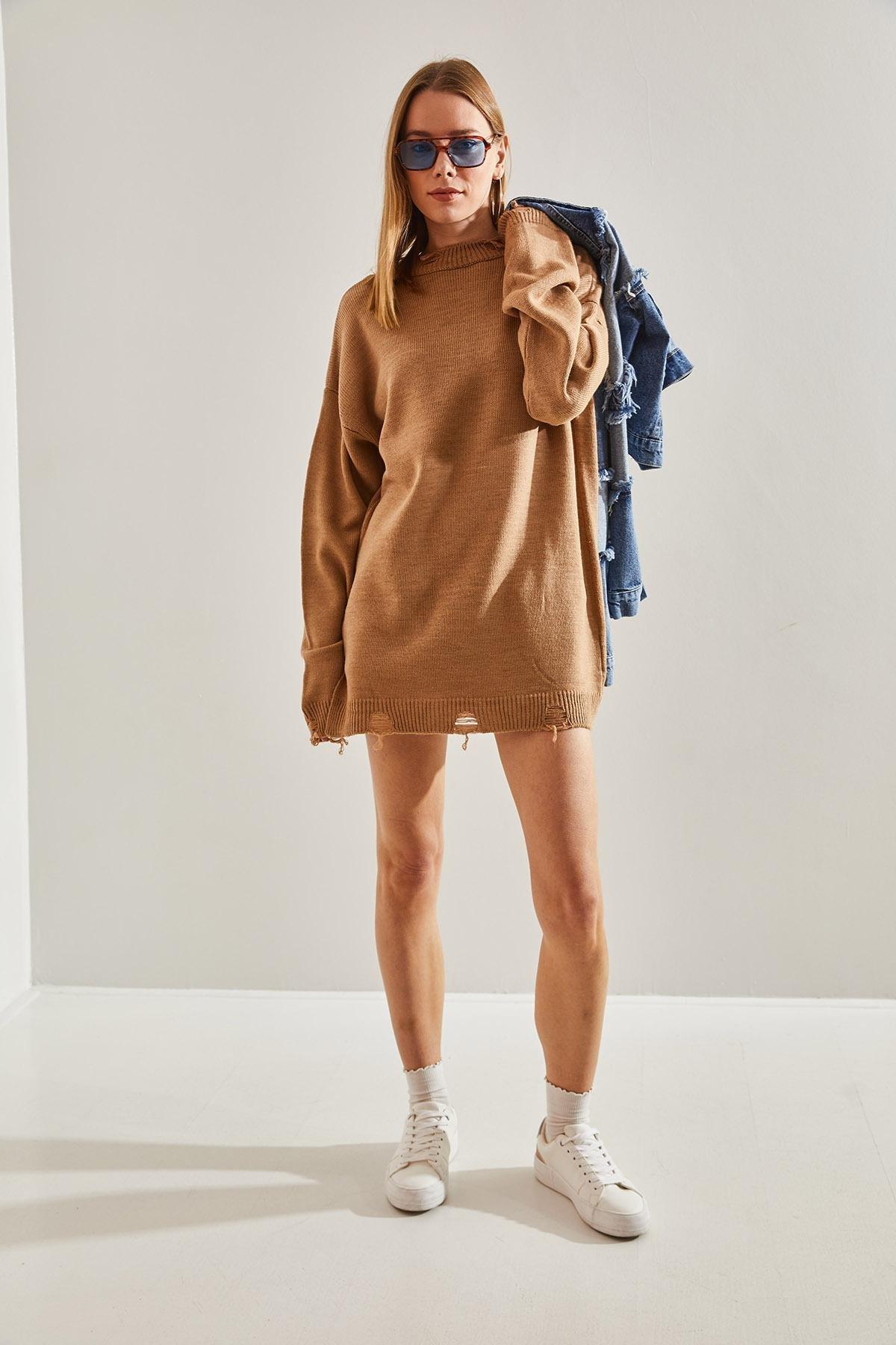 Brown Oversize Ripped Knitwear Sweater, CAMEL, large image number 1