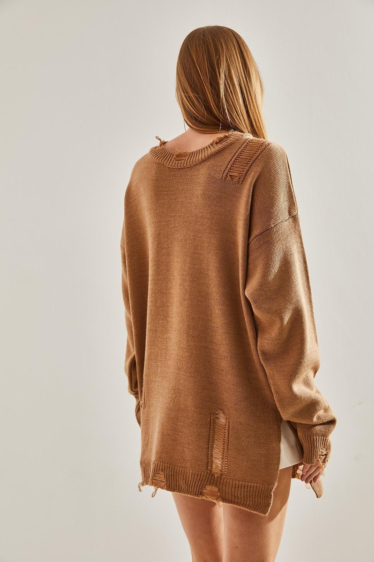 Brown Oversize Ripped Knitwear Sweater, CAMEL, large image number 2