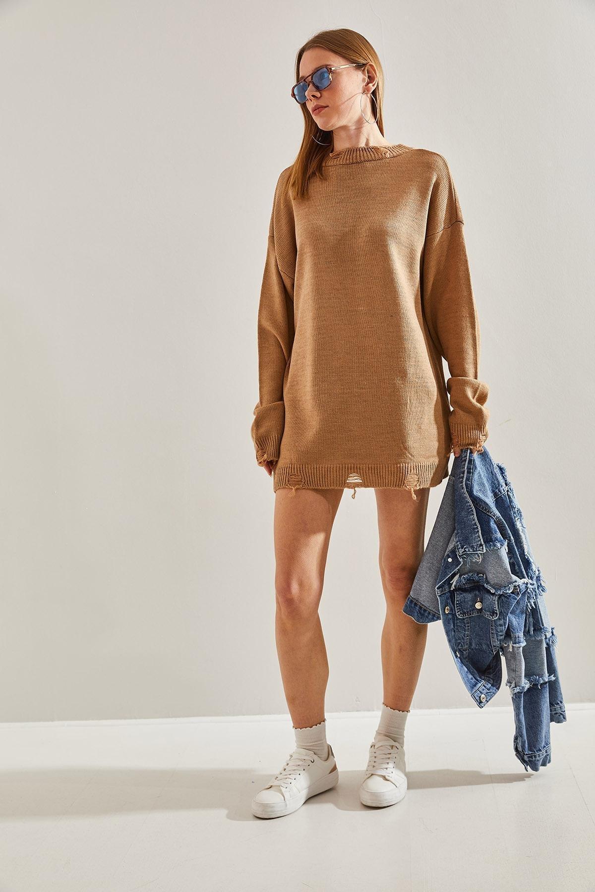 Brown Oversize Ripped Knitwear Sweater, CAMEL, large image number 3