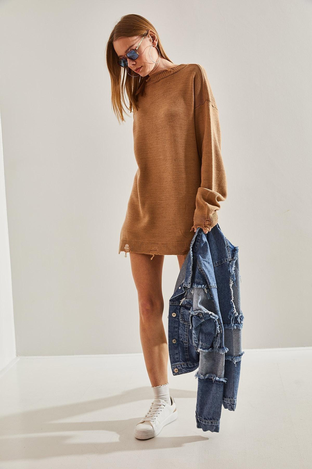 Brown Oversize Ripped Knitwear Sweater, CAMEL, large image number 4