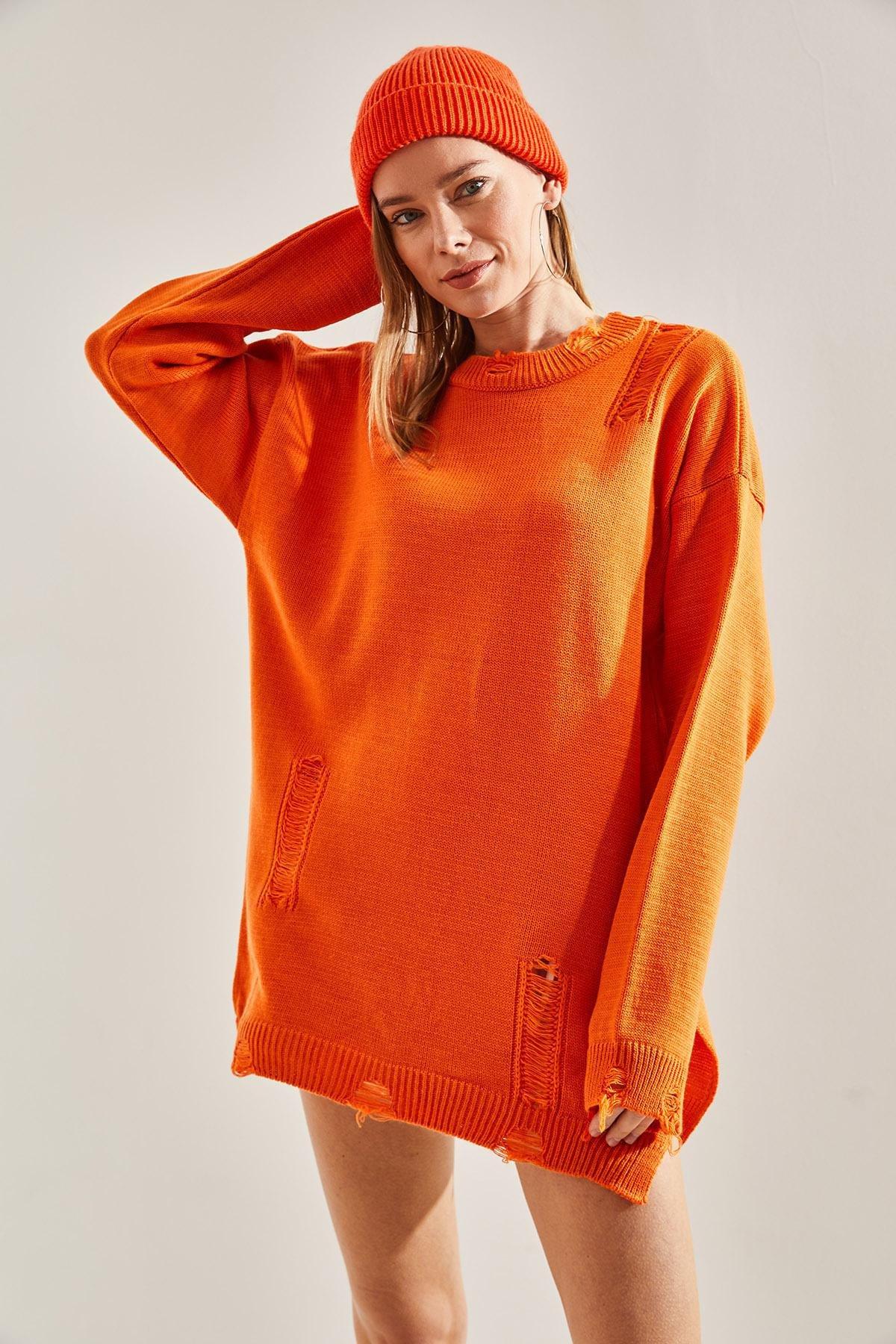 Orange Oversize Ripped Knitwear Sweater, Orange, large image number 0