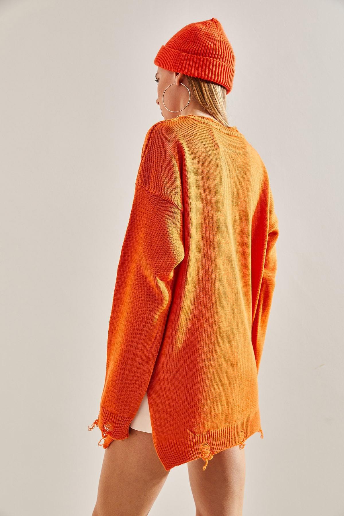 Orange Oversize Ripped Knitwear Sweater, Orange, large image number 1