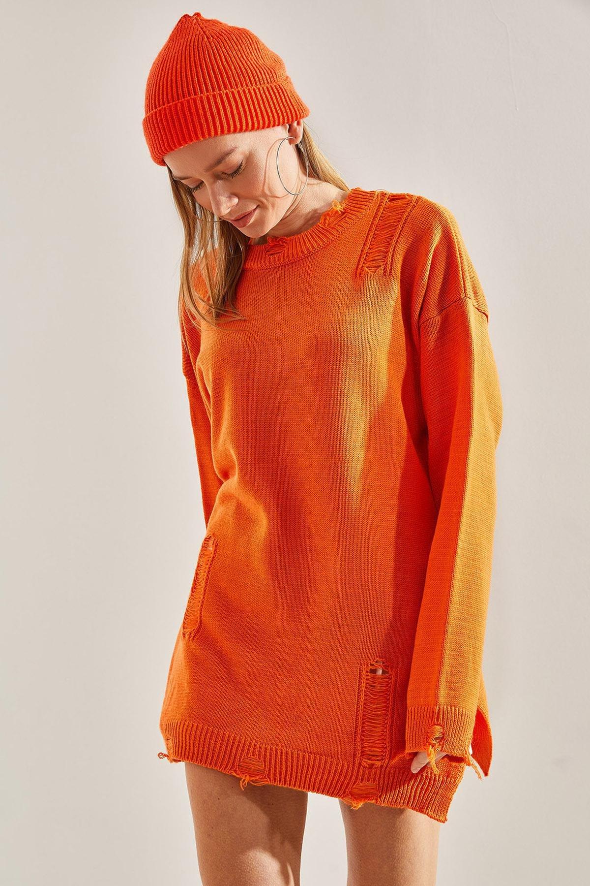 Orange Oversize Ripped Knitwear Sweater, Orange, large image number 2
