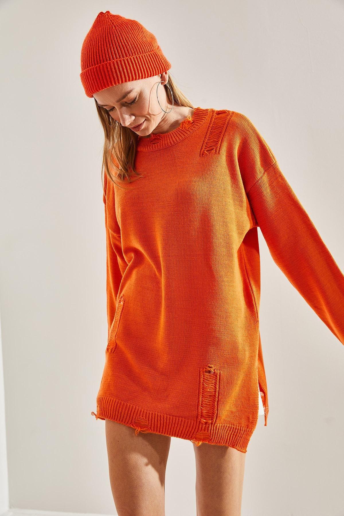 Orange Oversize Ripped Knitwear Sweater, Orange, large image number 3
