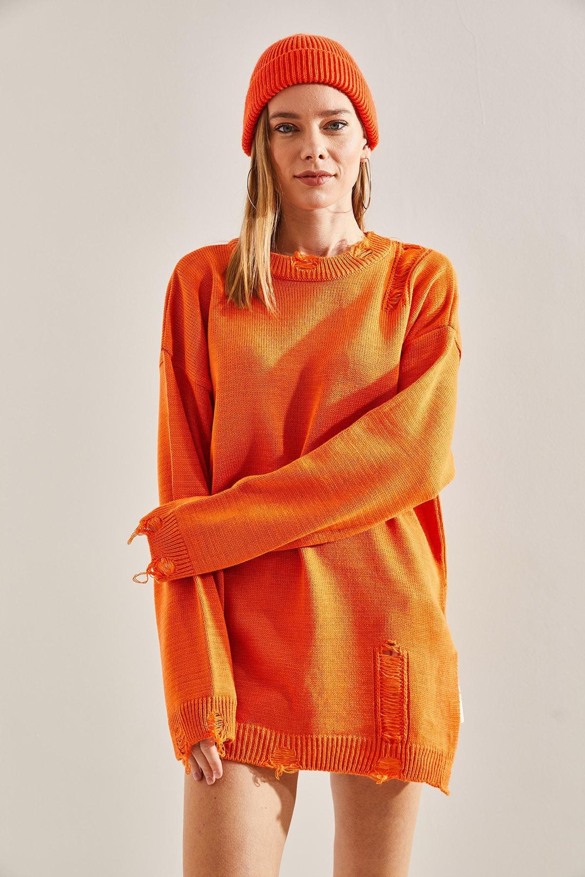 Orange Oversize Ripped Knitwear Sweater, Orange, large image number 4