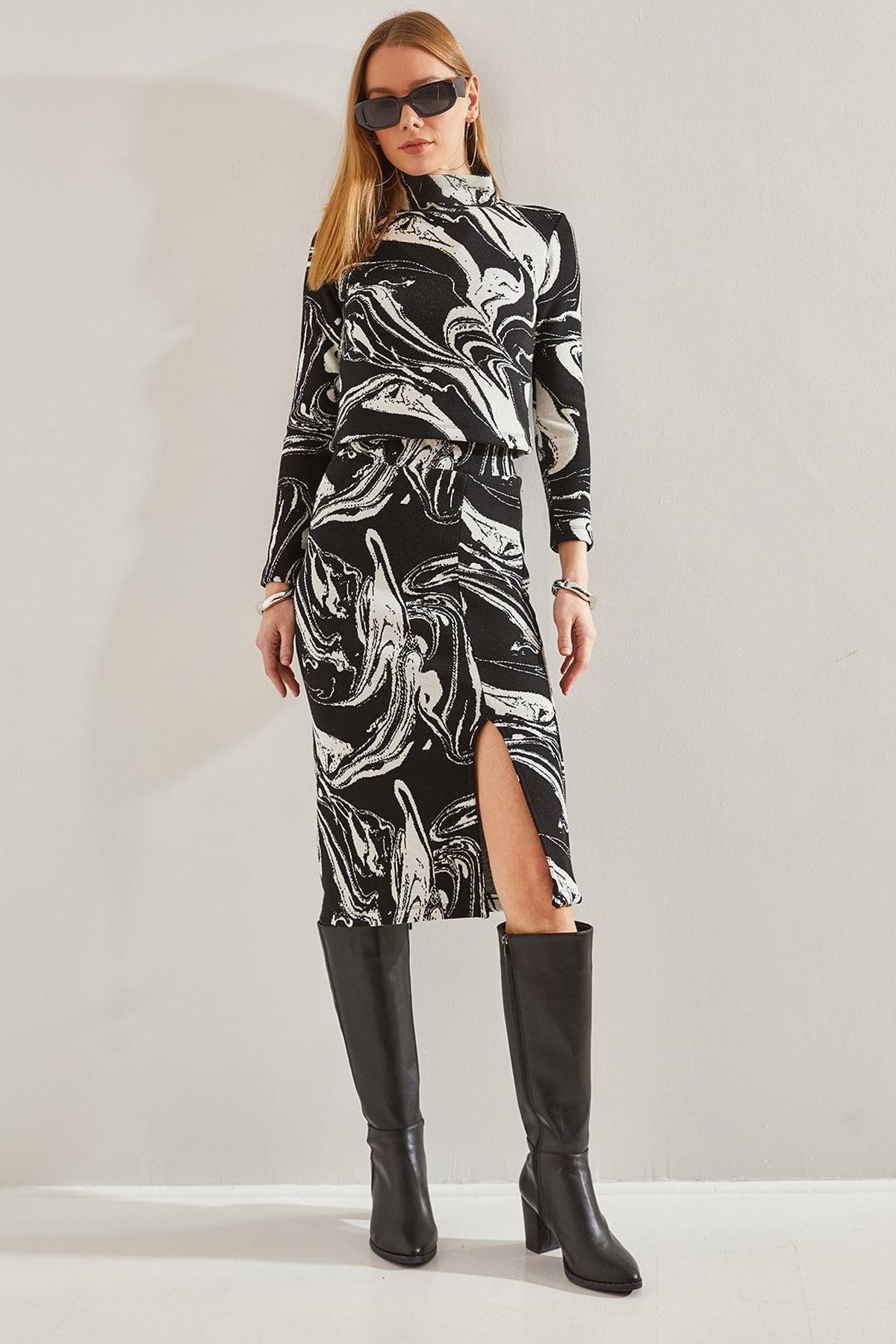 Black Patterned Crop Sweater, BLACK, large image number 0