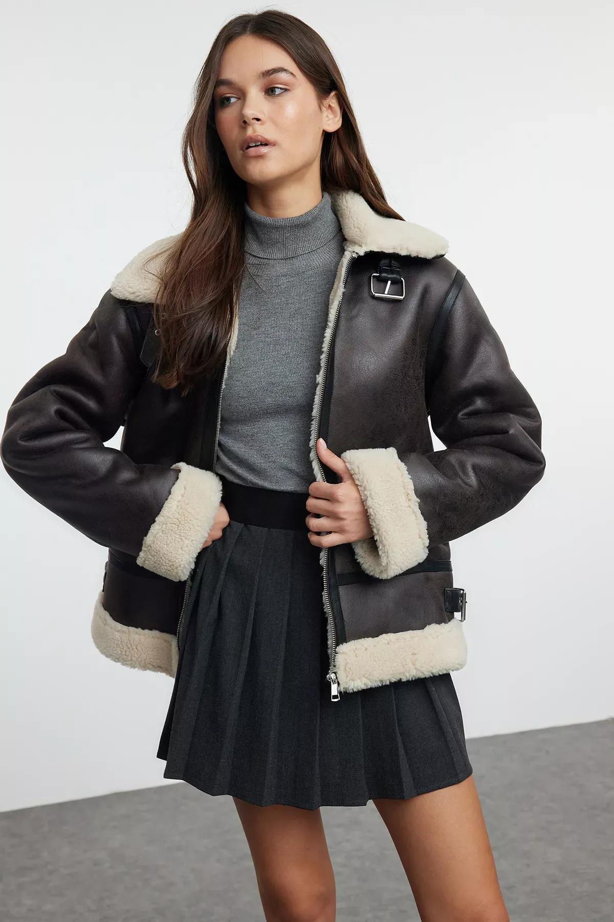 Brown Belted Faux Leather Biker Jacket, , large image number 0