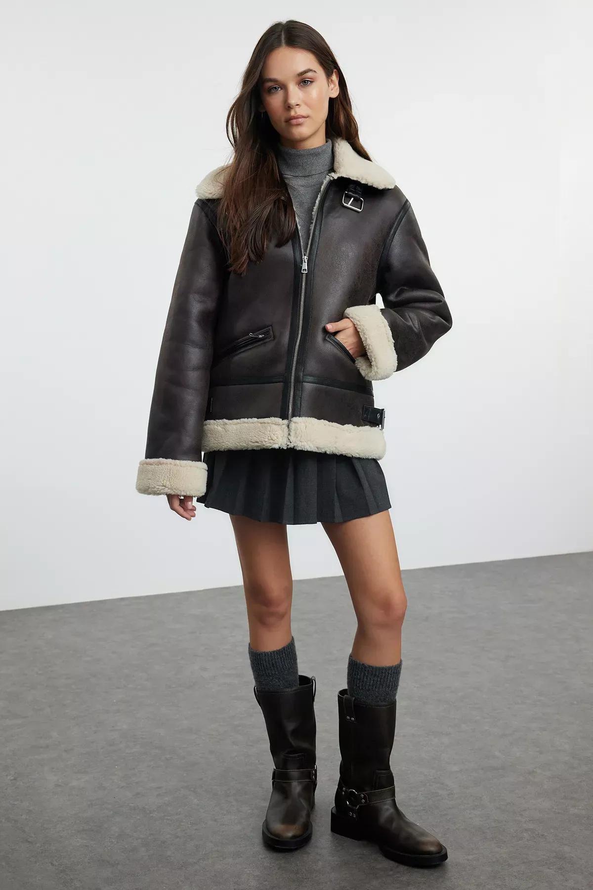Brown Belted Faux Leather Biker Jacket, , large image number 1