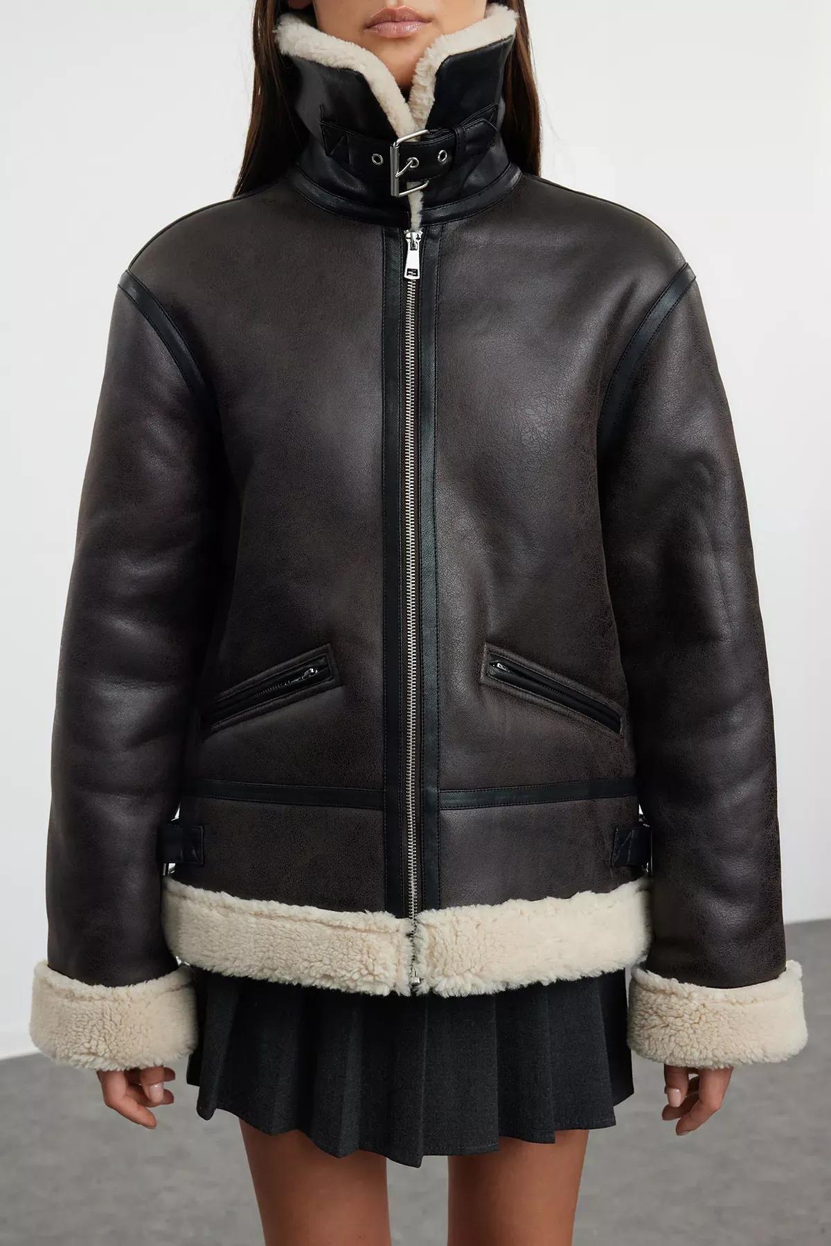 Brown Belted Faux Leather Biker Jacket, , large image number 2
