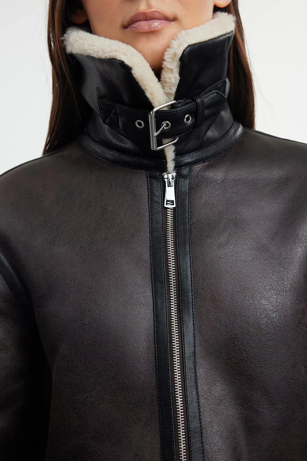 Brown Belted Faux Leather Biker Jacket, , large image number 3