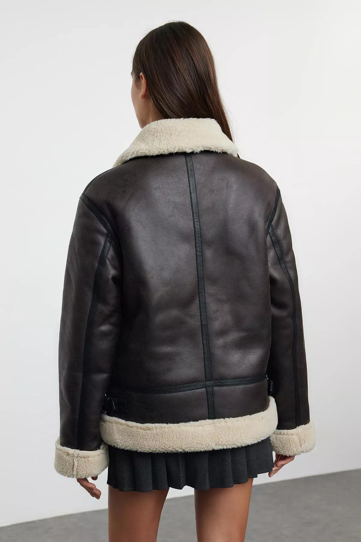 Brown Belted Faux Leather Biker Jacket, , large image number 4