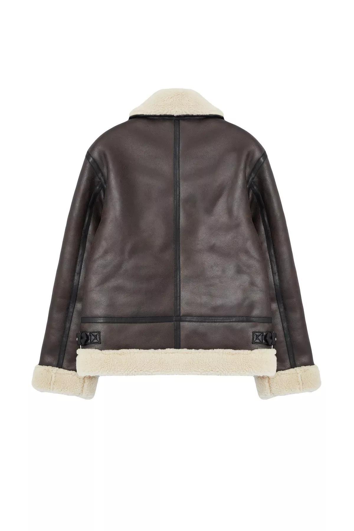 Brown Belted Faux Leather Biker Jacket, , large image number 5