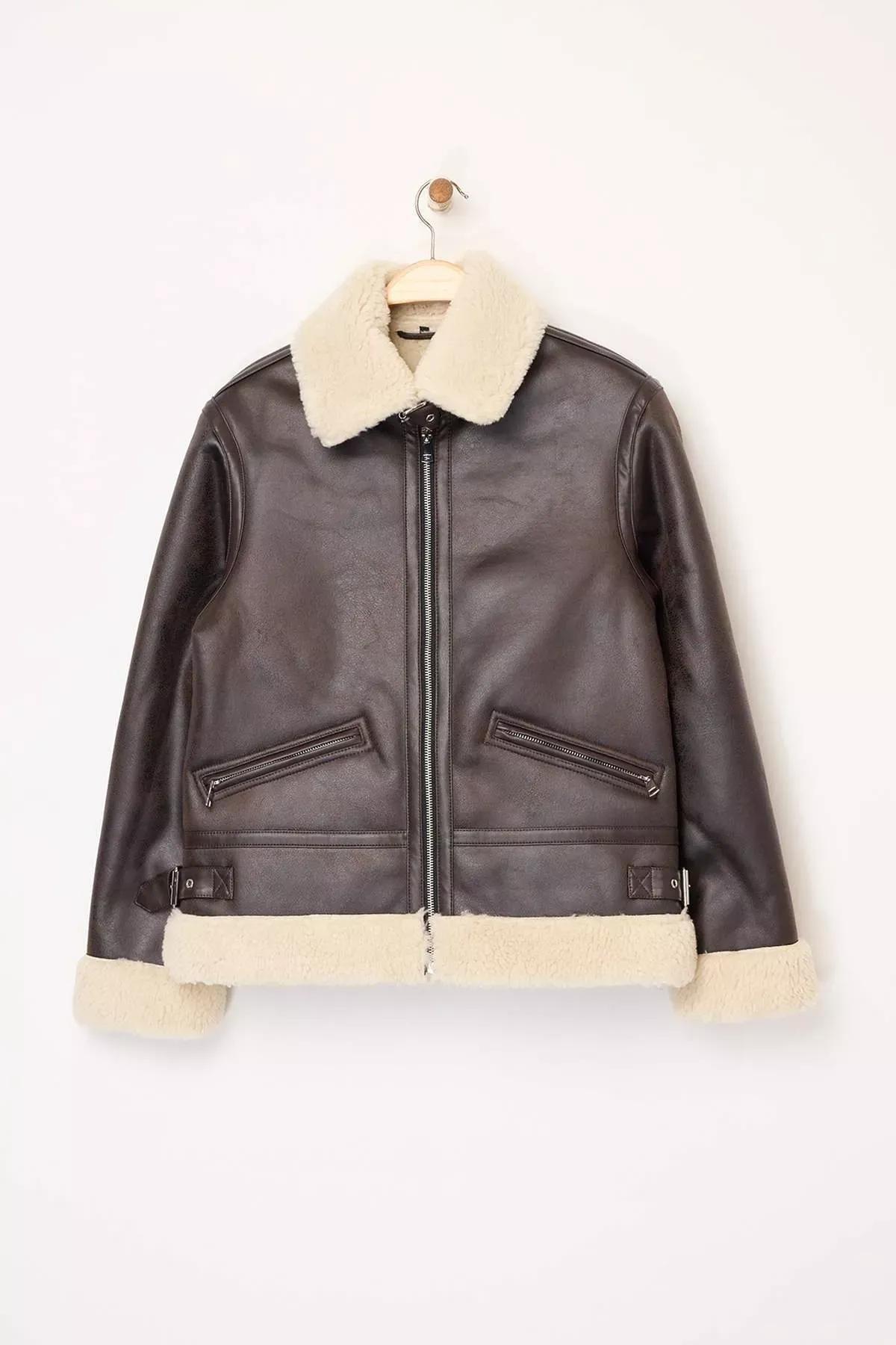 Brown Belted Faux Leather Biker Jacket, Dark brown, large image number 6