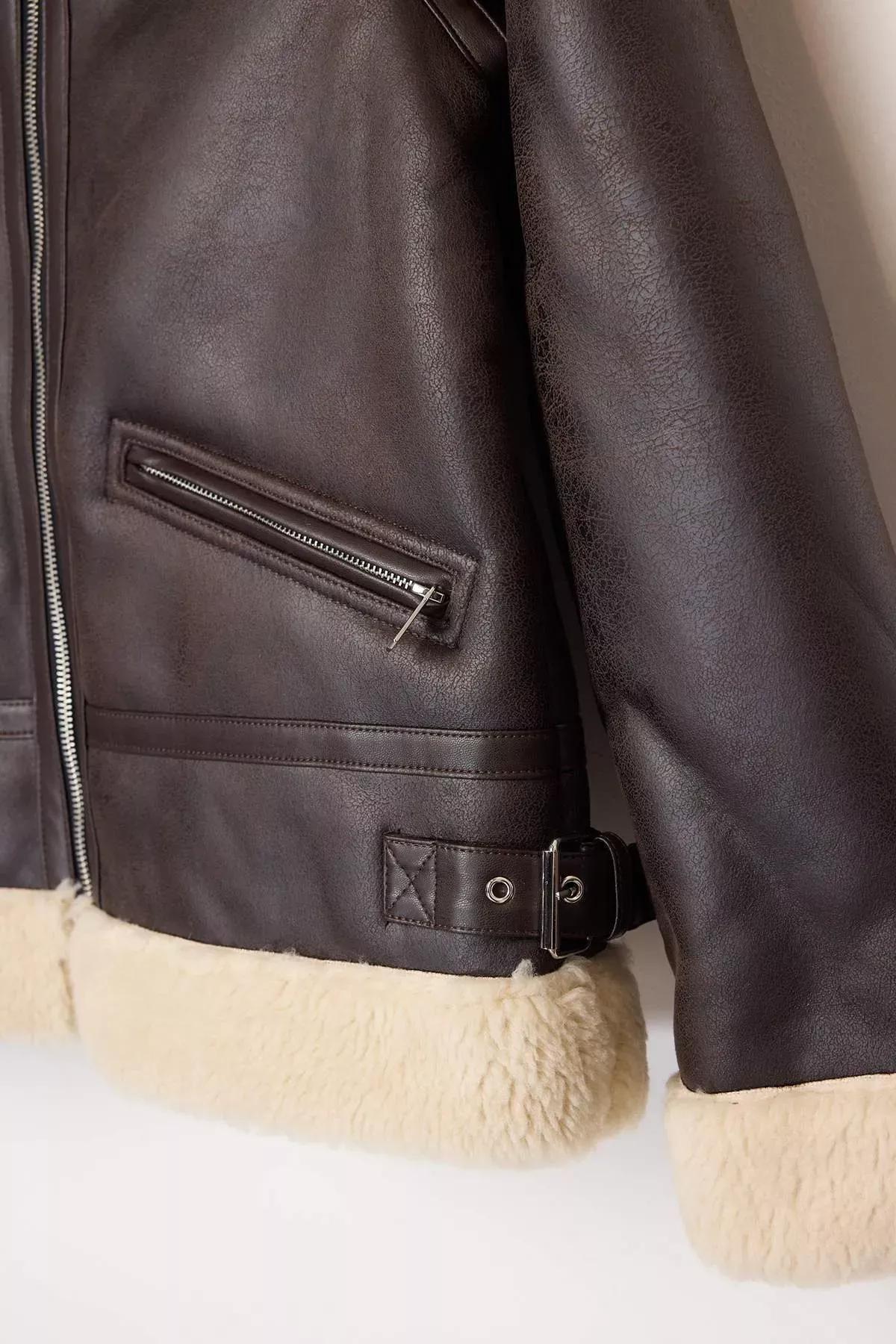 Brown Belted Faux Leather Biker Jacket, Dark brown, large image number 7