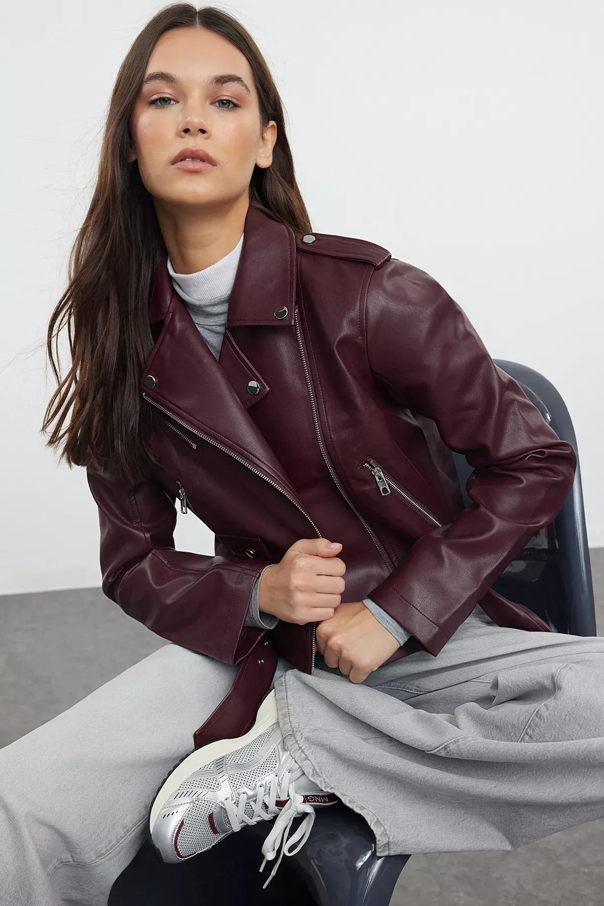 Red Faux Leather Biker Jacket, , large image number 0