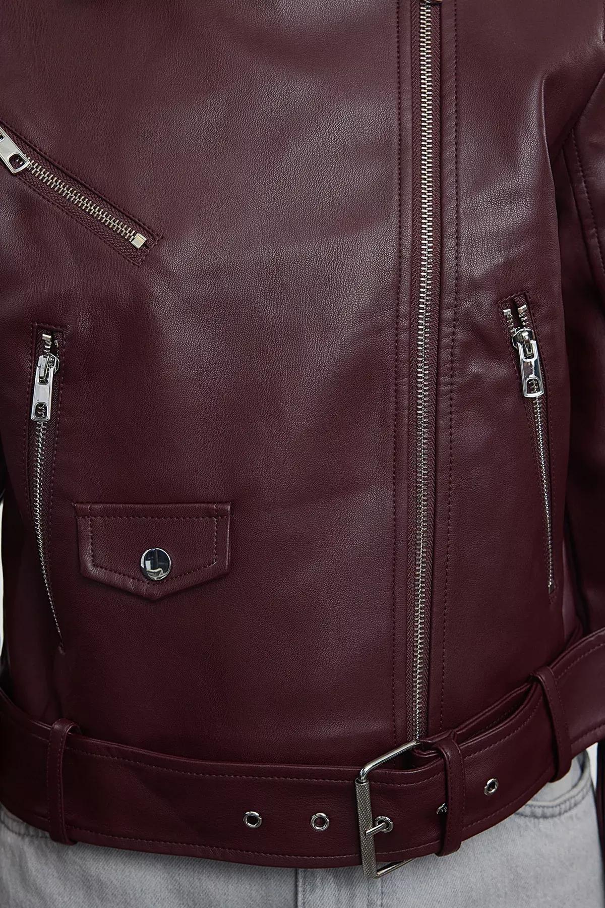 Red Faux Leather Biker Jacket, Burgundy, large image number 3