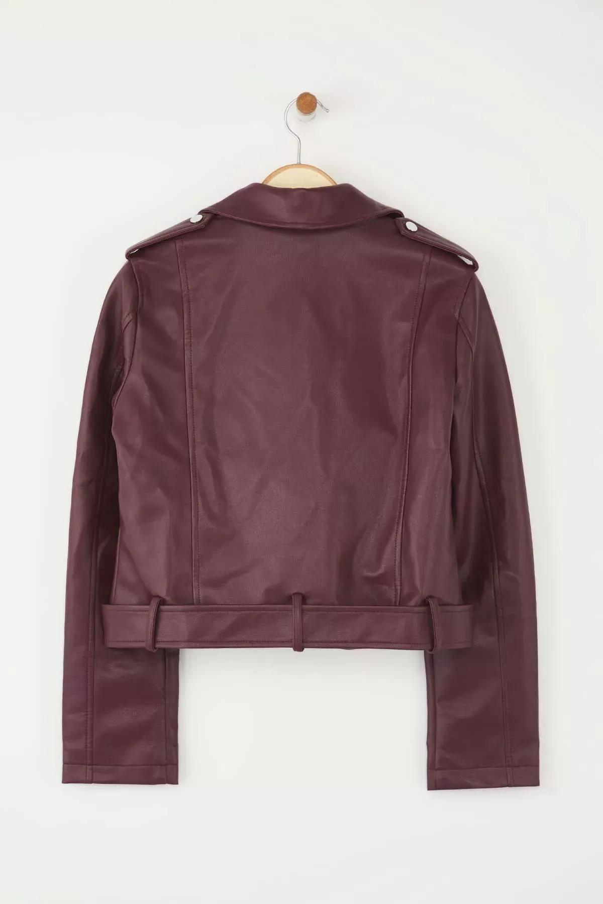 Red Faux Leather Biker Jacket, Burgundy, large image number 5