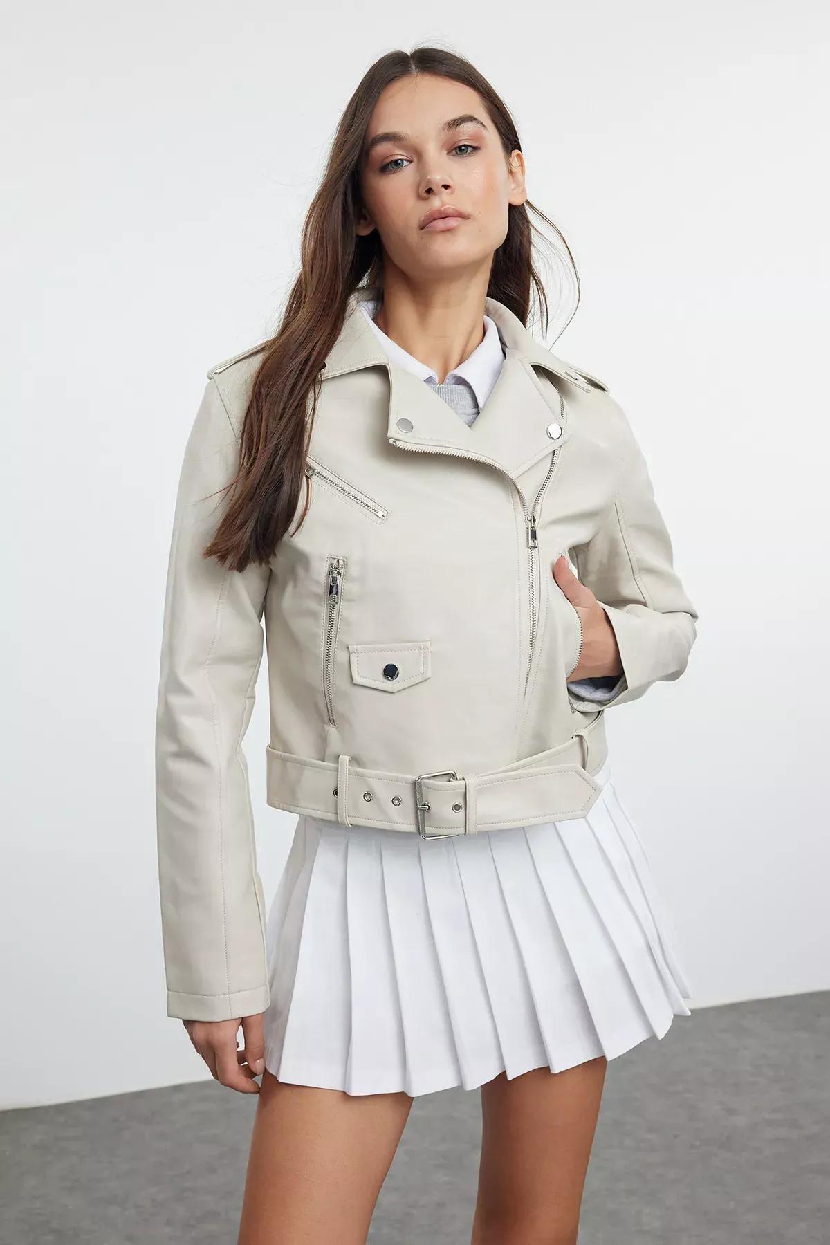 Beige Faux Leather Biker Jacket, , large image number 1