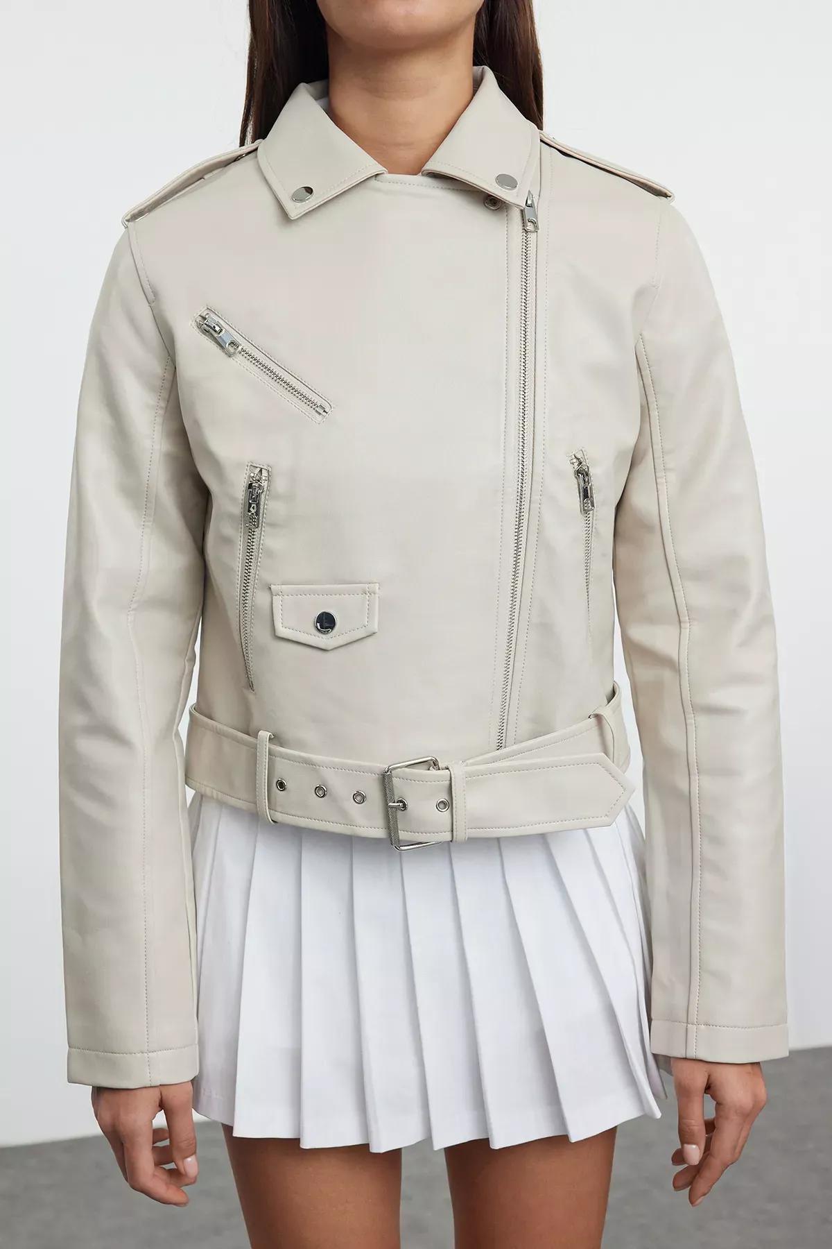 Beige Faux Leather Biker Jacket, , large image number 2