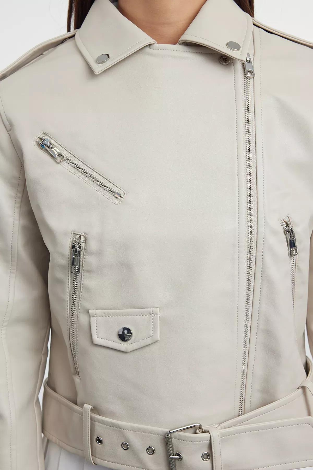 Beige Faux Leather Biker Jacket, , large image number 3