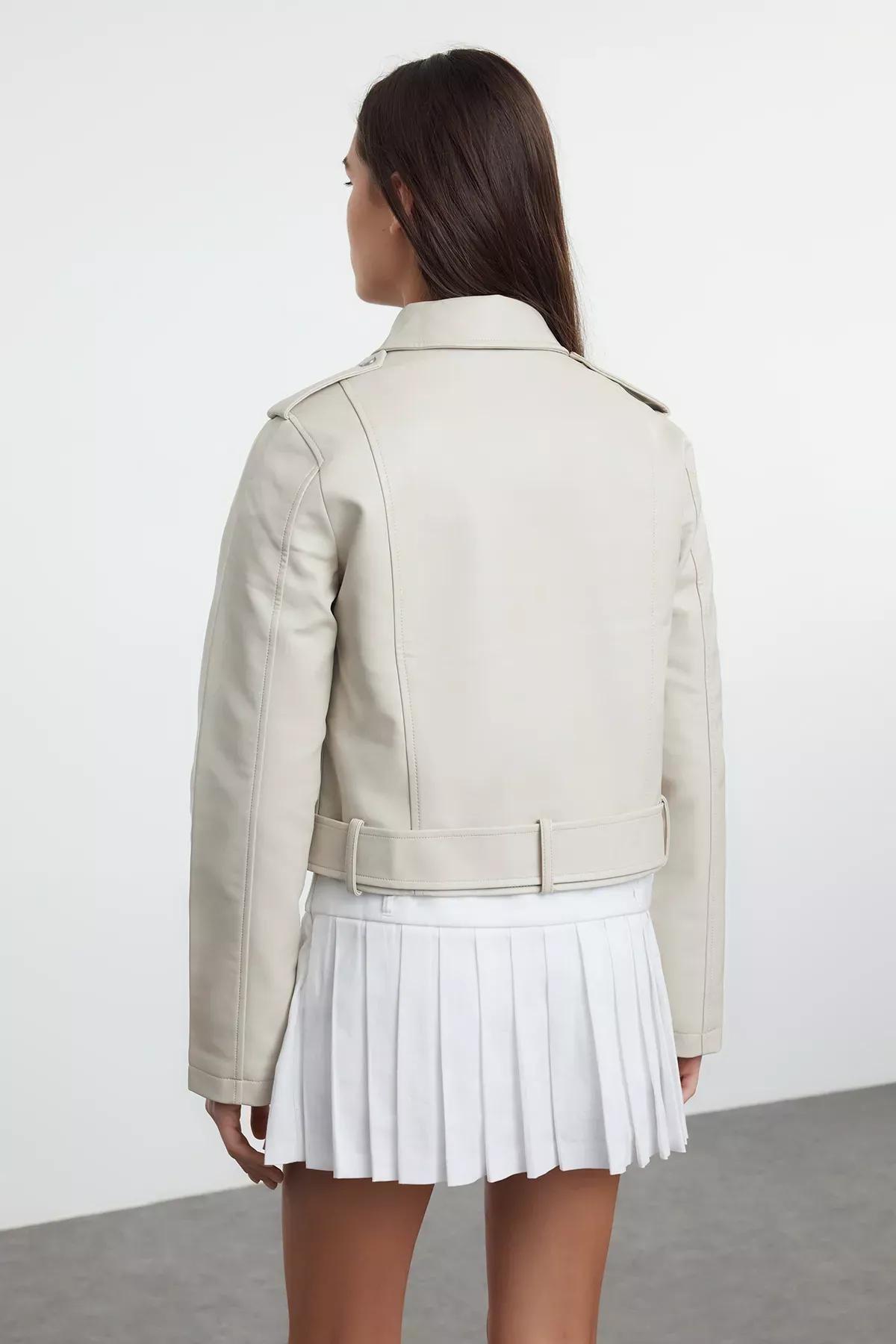 Beige Faux Leather Biker Jacket, , large image number 4