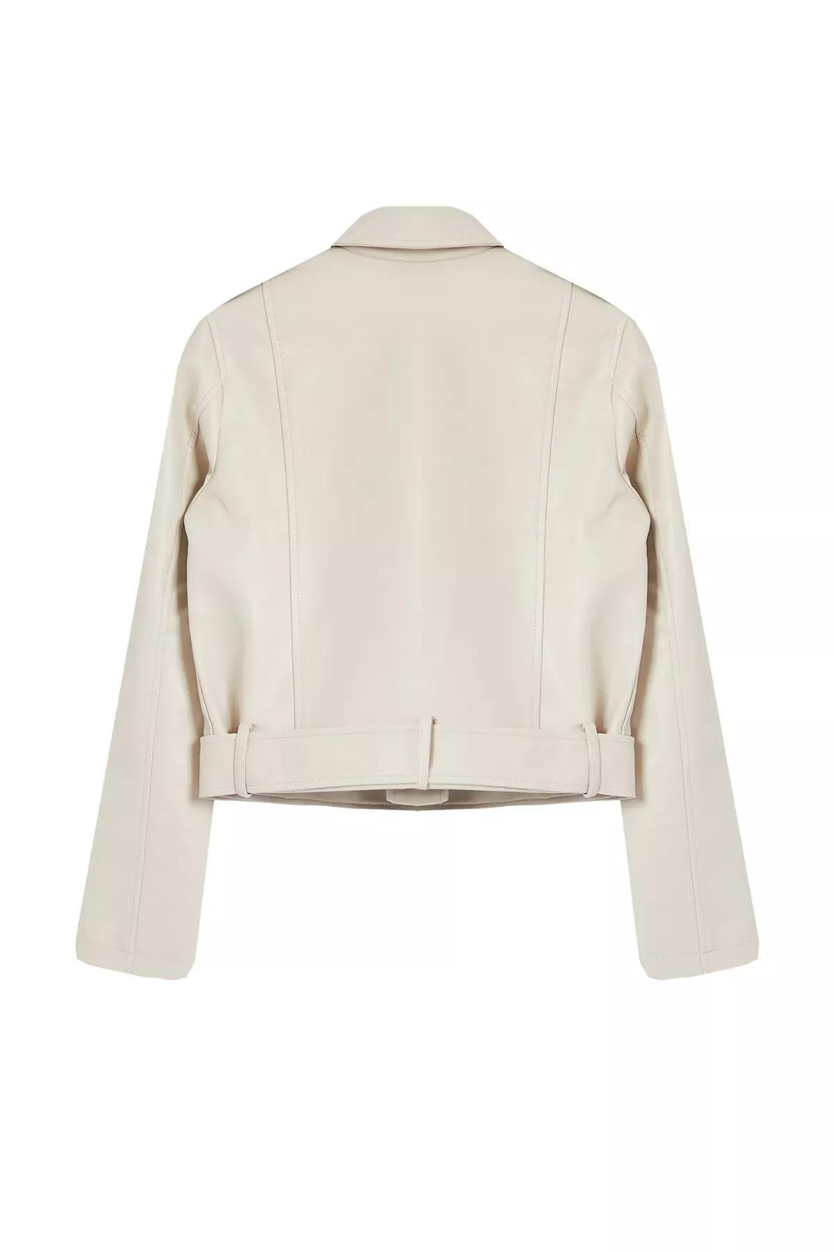 Beige Faux Leather Biker Jacket, , large image number 5