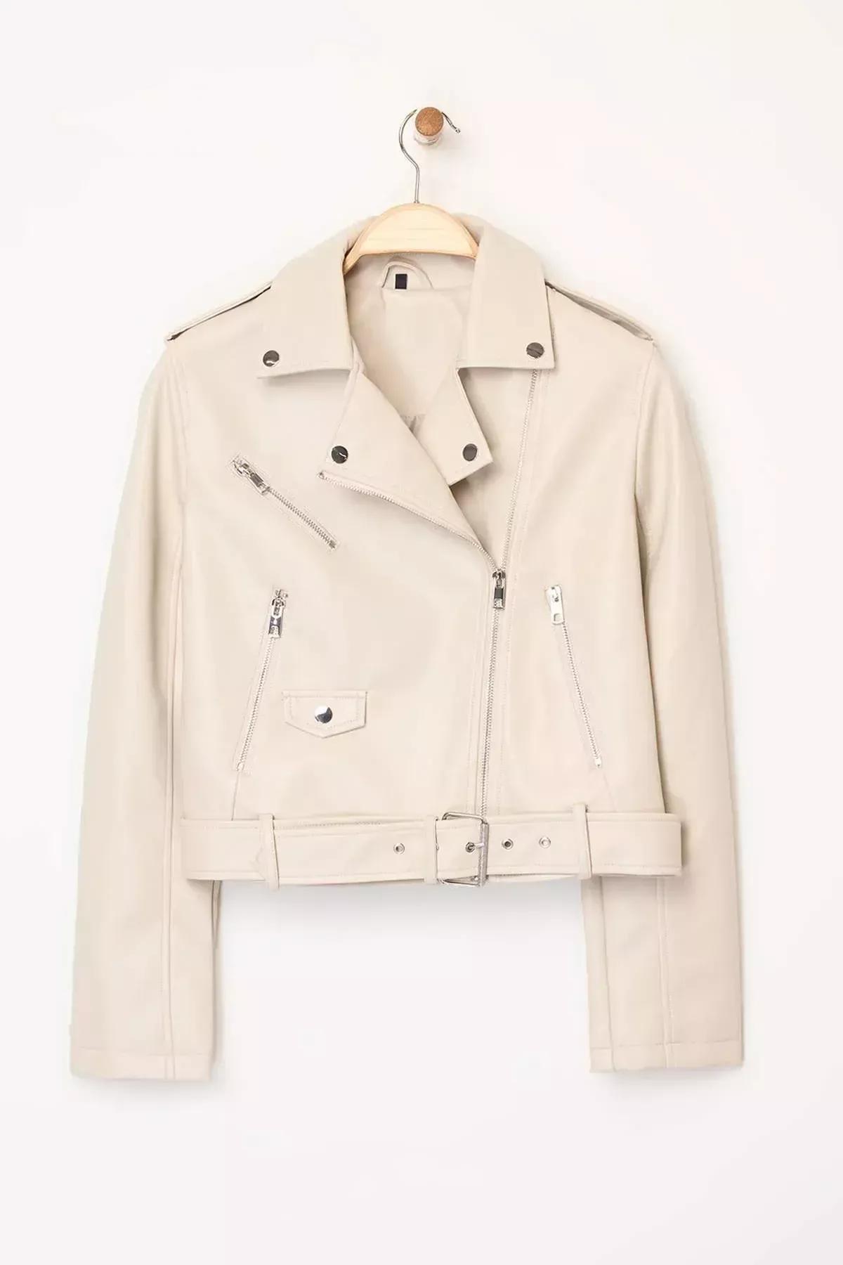 Beige Faux Leather Biker Jacket, Ecru, large image number 6