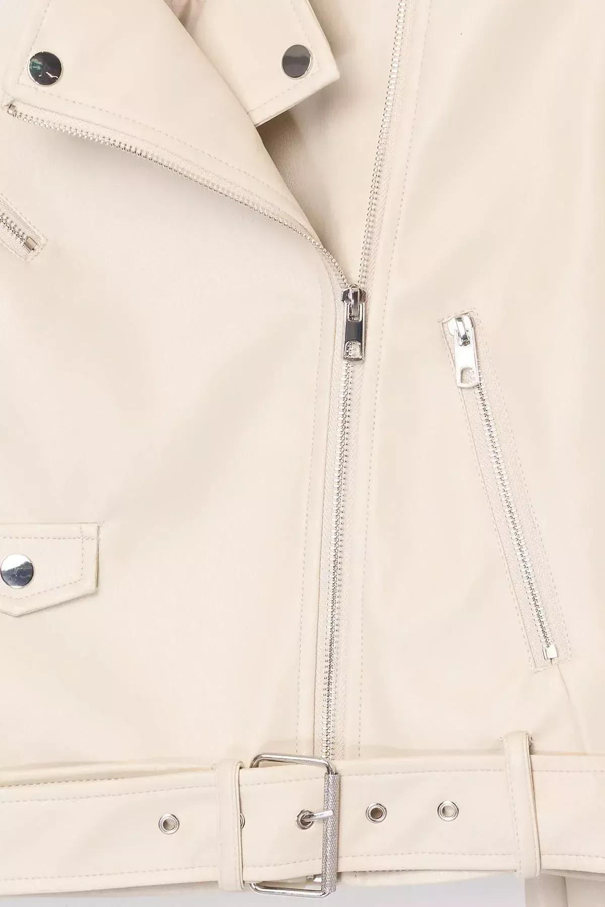 Beige Faux Leather Biker Jacket, Ecru, large image number 7