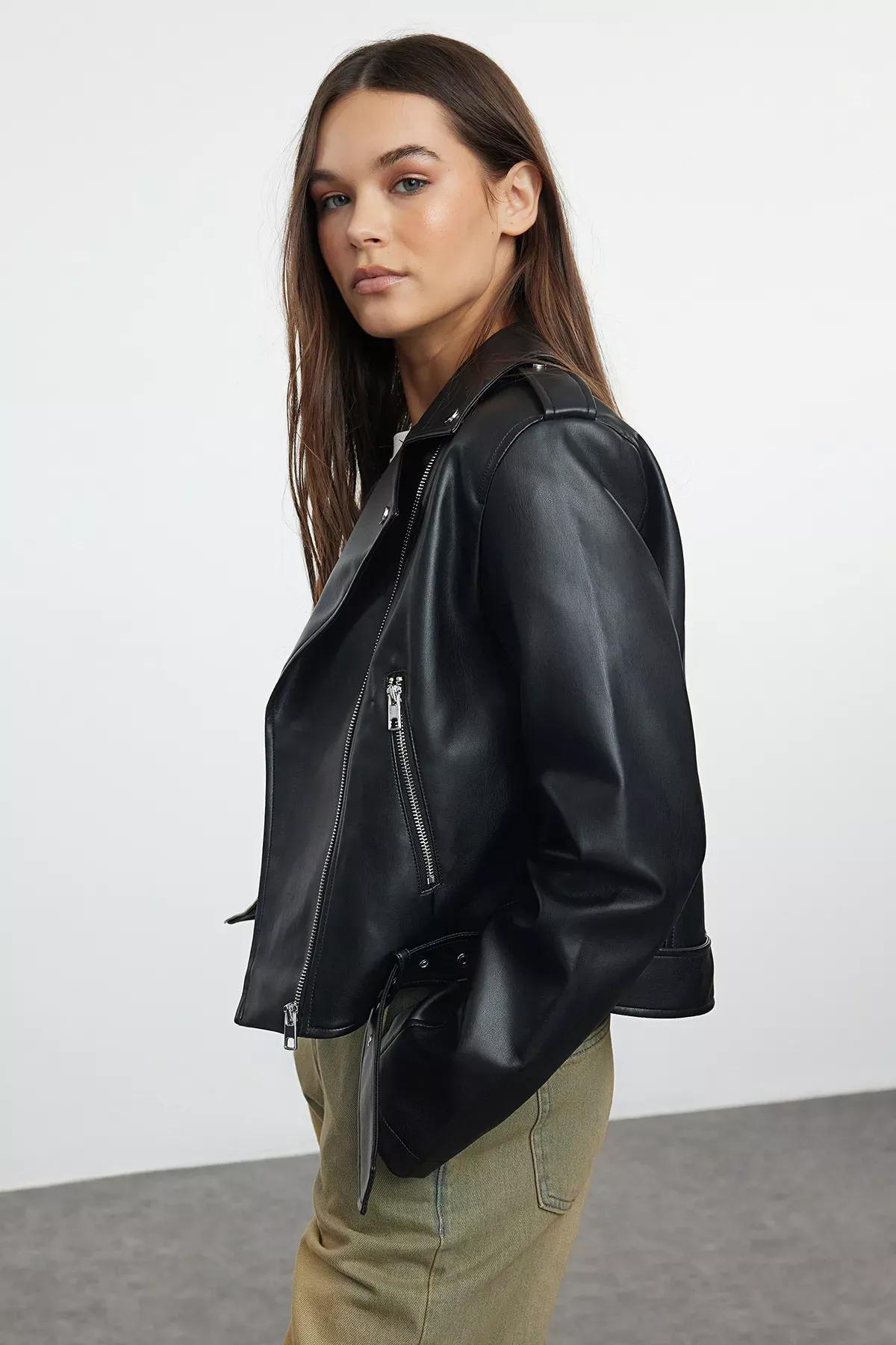 Black Faux Leather Biker Jacket, BLACK, medium