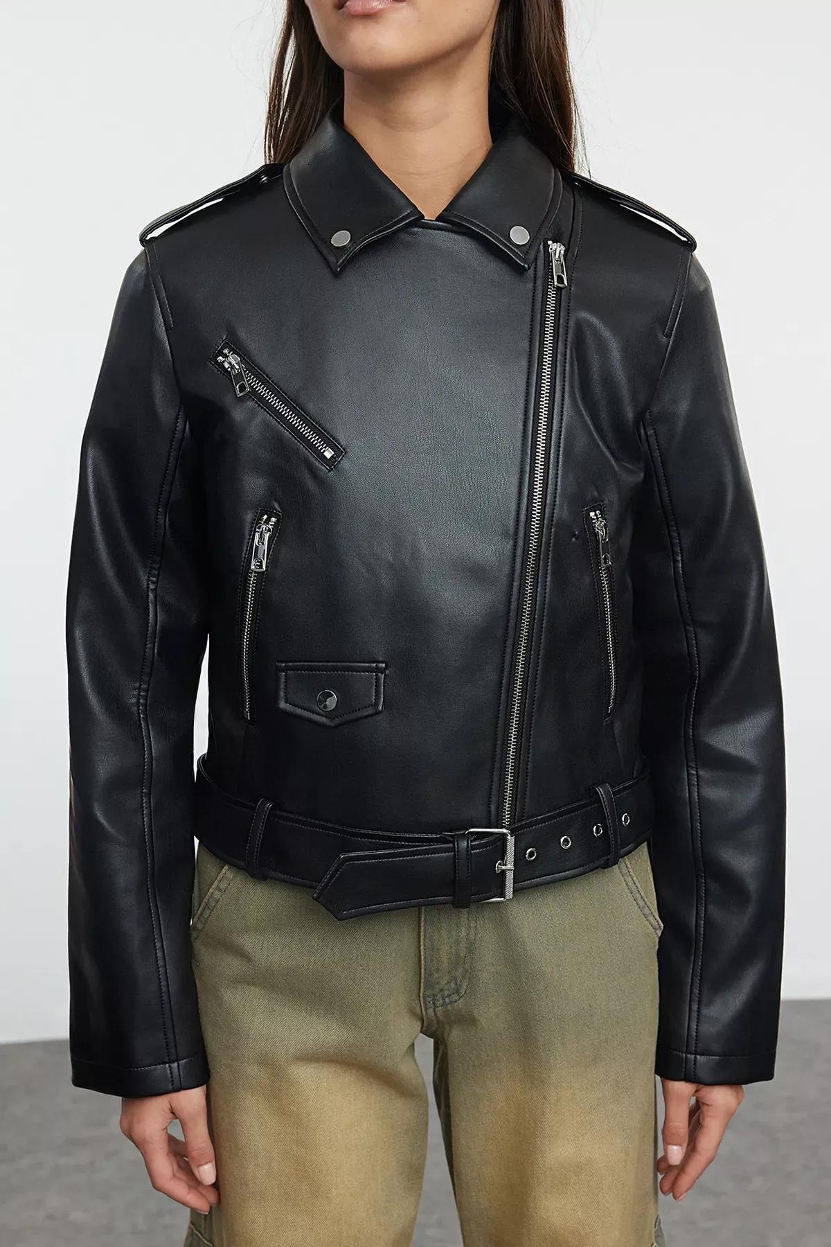 Black Faux Leather Biker Jacket, BLACK, medium