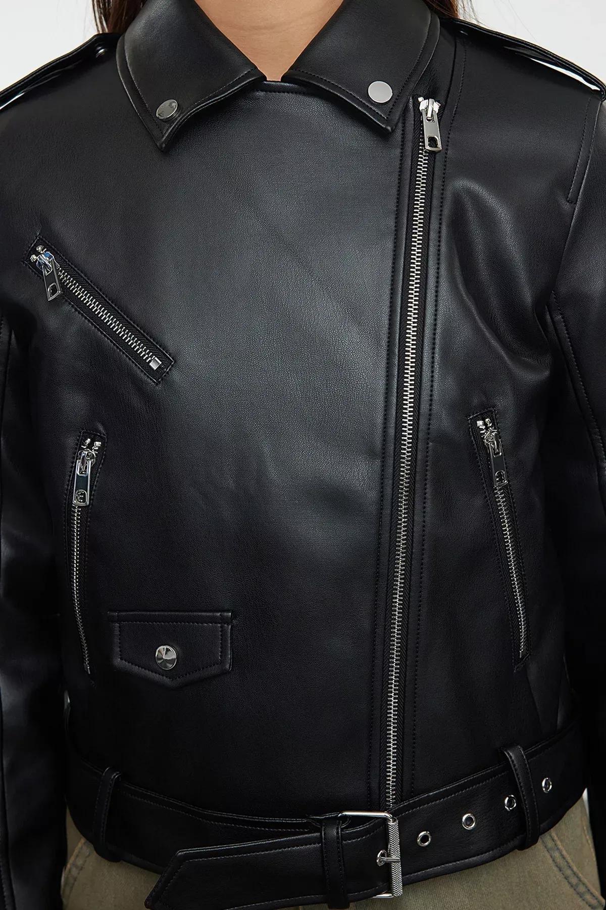 Black Faux Leather Biker Jacket, BLACK, large image number 3