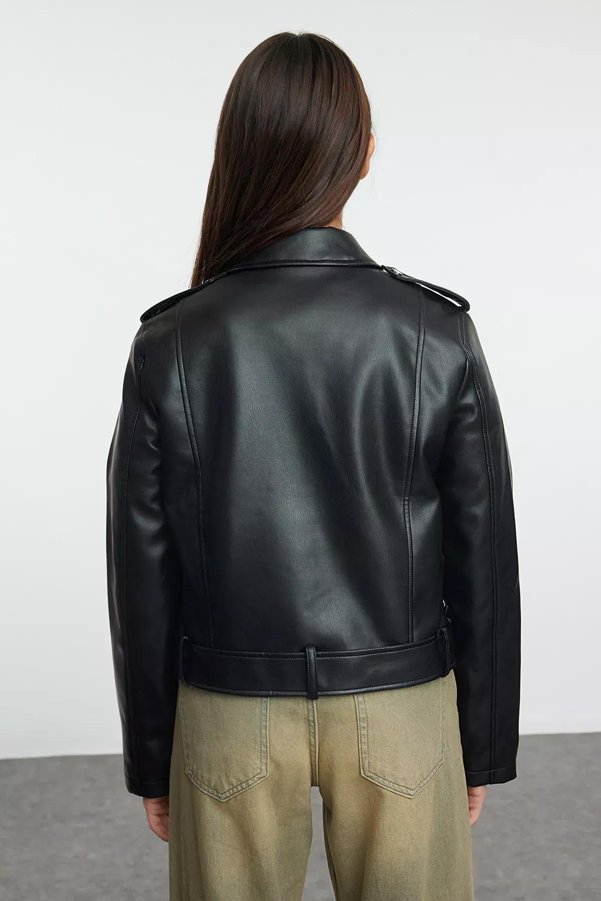 Black Faux Leather Biker Jacket, BLACK, large image number 4