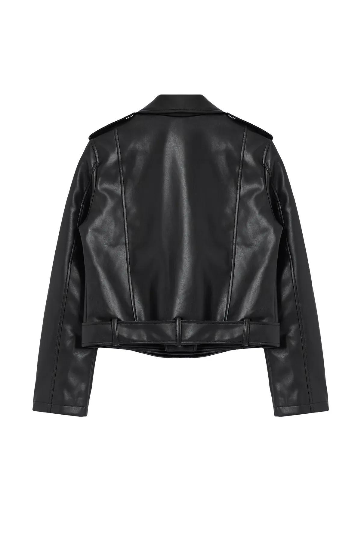 Black Faux Leather Biker Jacket, BLACK, large image number 5
