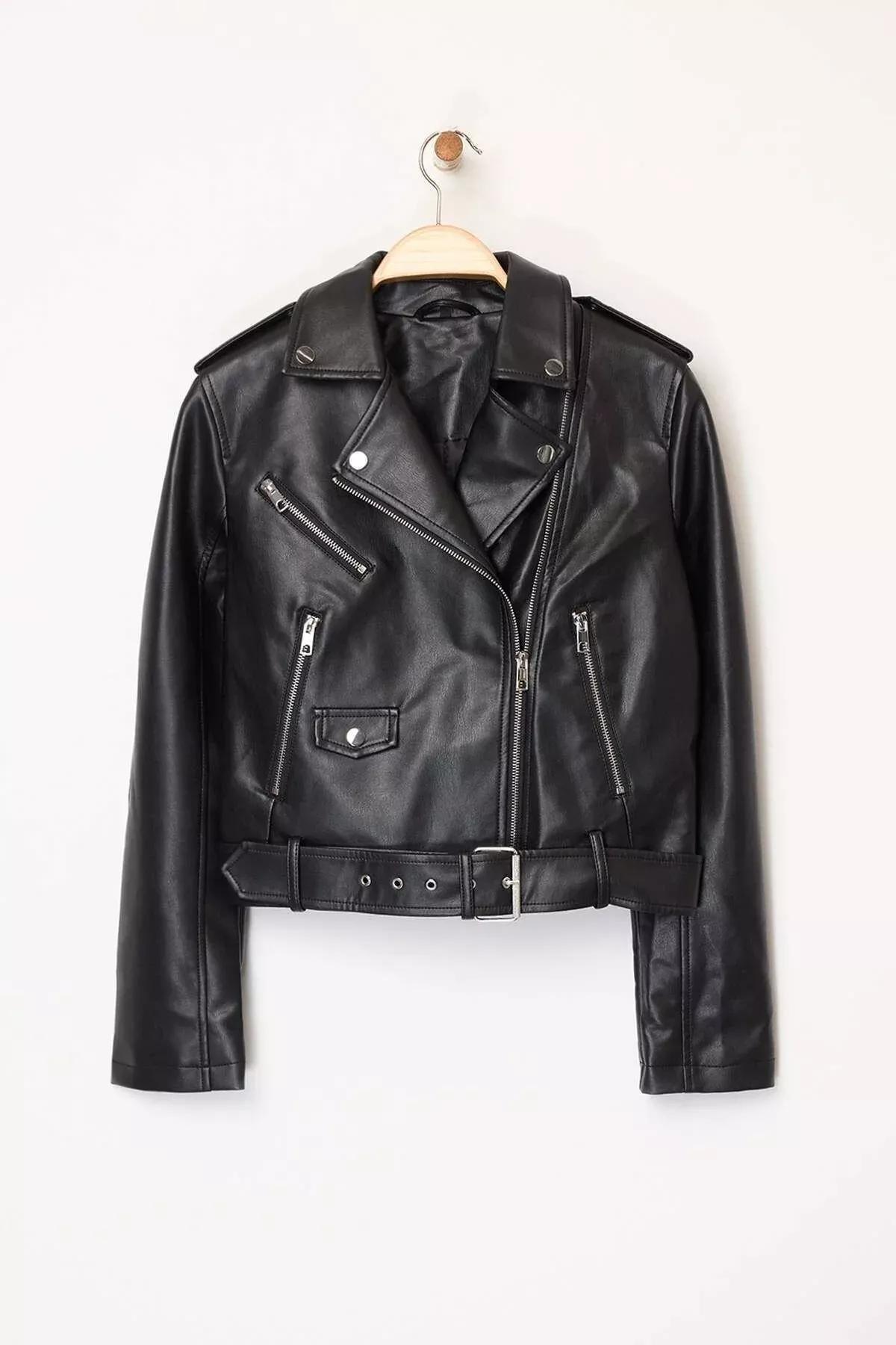 Black Faux Leather Biker Jacket, BLACK, large image number 6