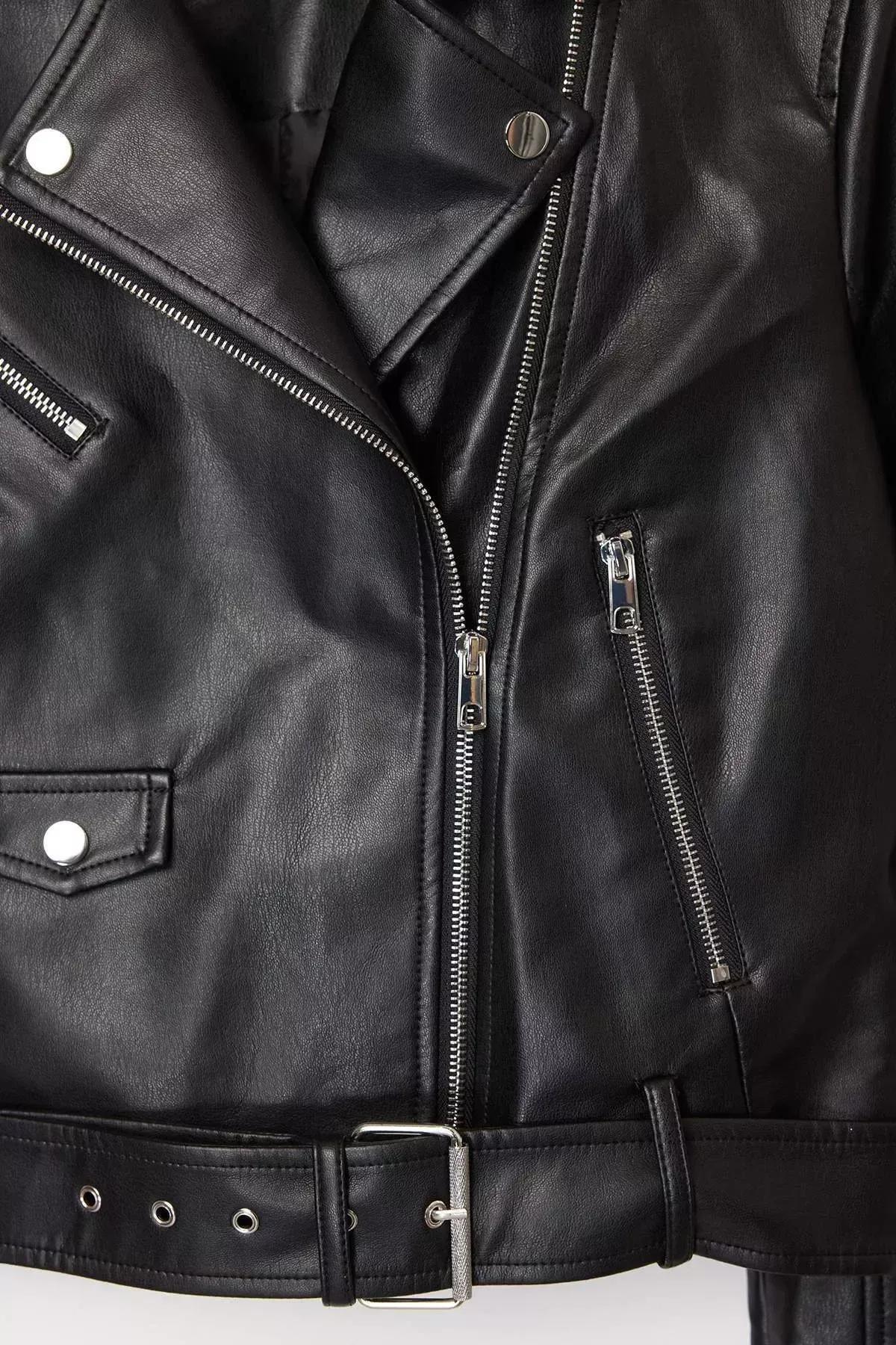 Black Faux Leather Biker Jacket, BLACK, large image number 7