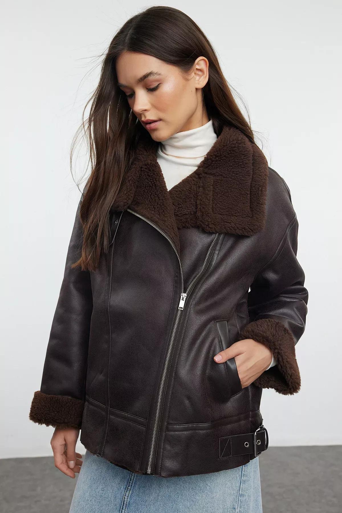 Brown Collar Belt Detailed Plush Suede Biker Jacket, Dark brown, large image number 1