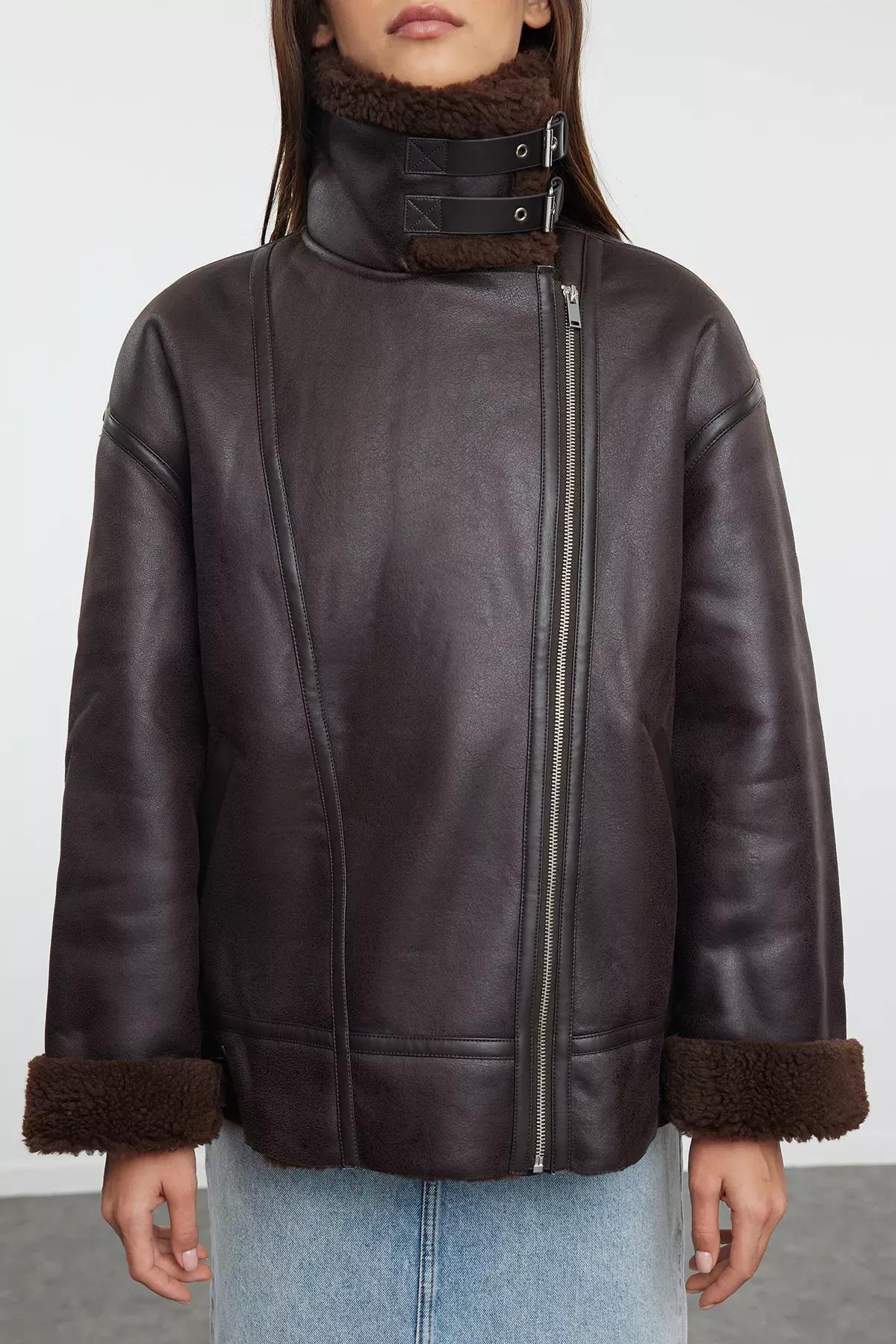 Brown Collar Belt Detailed Plush Suede Biker Jacket, Dark brown, medium