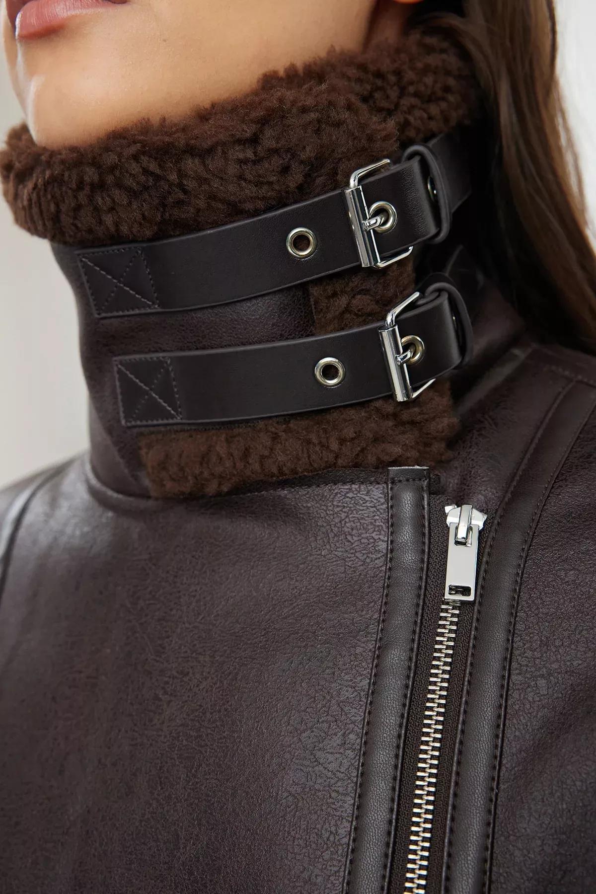 Brown Collar Belt Detailed Plush Suede Biker Jacket, Dark brown, large image number 3