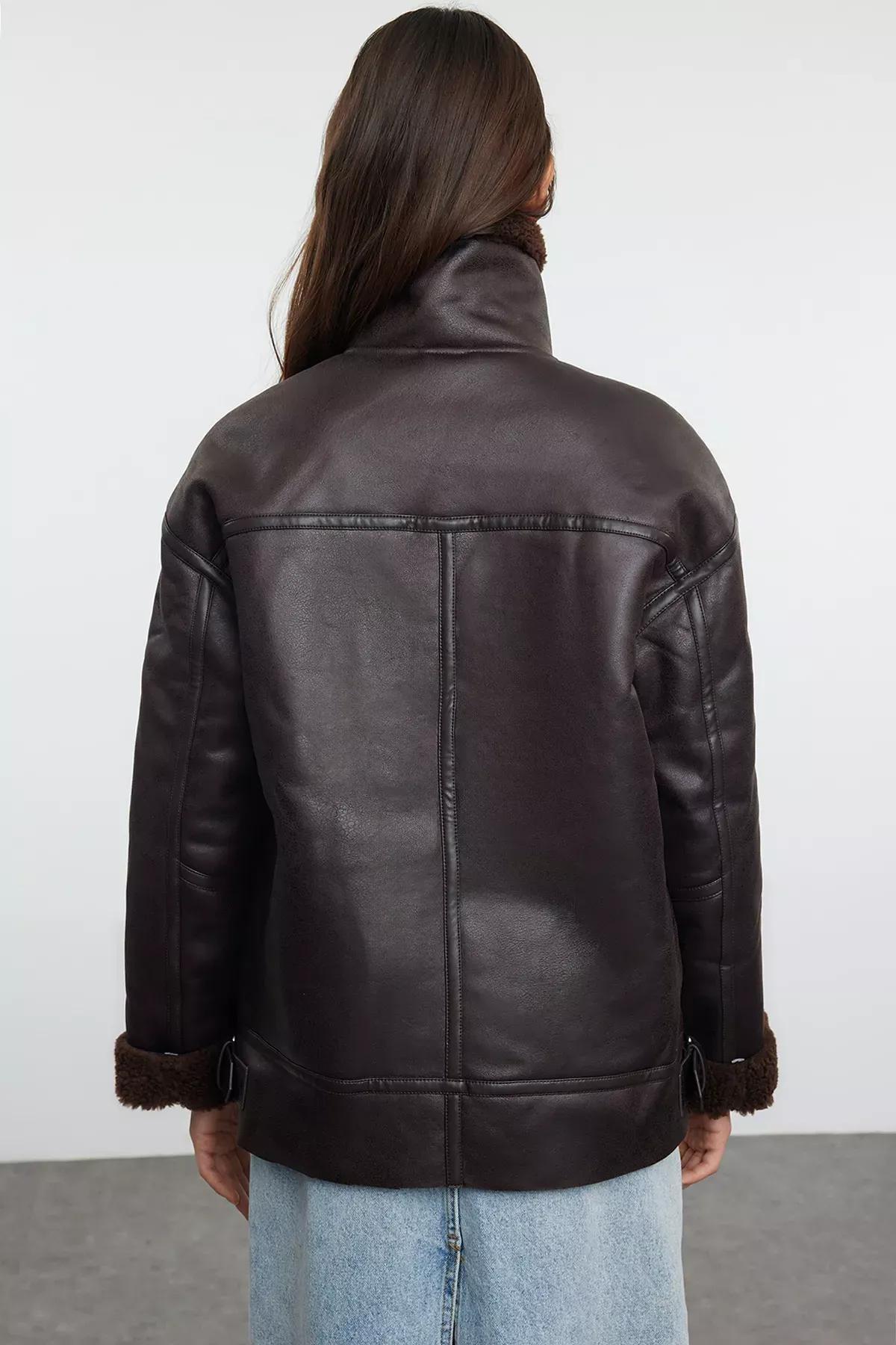 Brown Collar Belt Detailed Plush Suede Biker Jacket, Dark brown, large image number 4