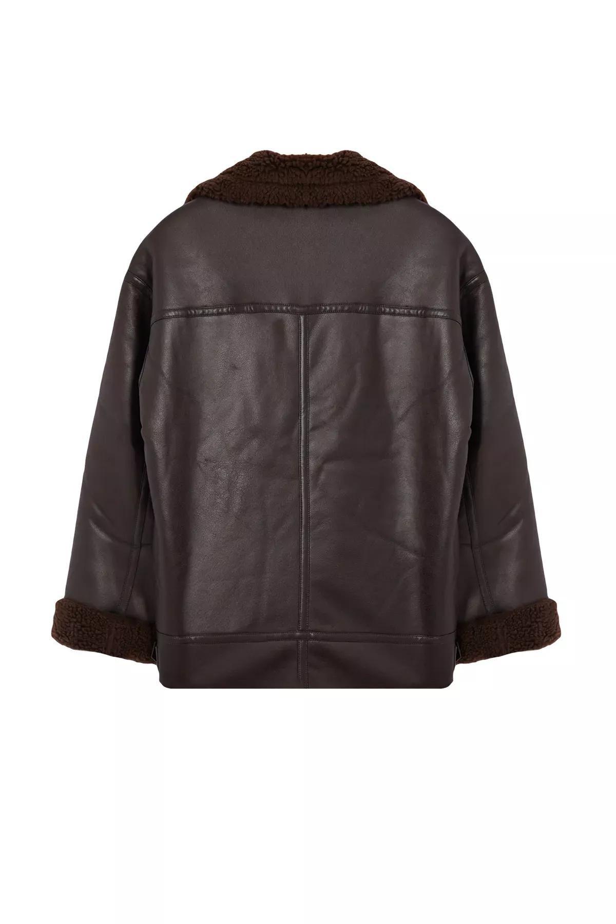 Brown Collar Belt Detailed Plush Suede Biker Jacket, Dark brown, large image number 5