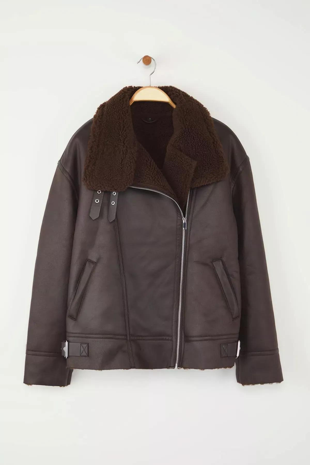 Brown Collar Belt Detailed Plush Suede Biker Jacket, Dark brown, large image number 6